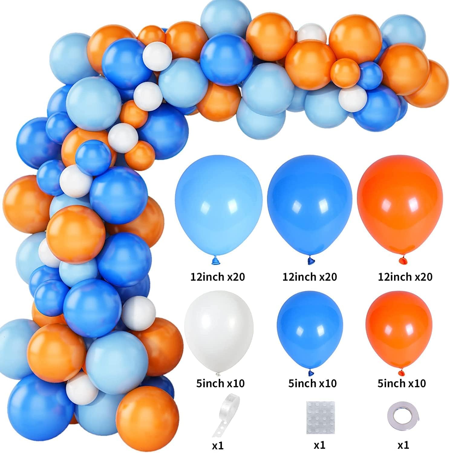 FEYG Kit de arco de guirnalda de globos, kit de arco de globos azul, naranja y blanco, guirnalda de globos, globos de látex, globos de fiesta para
