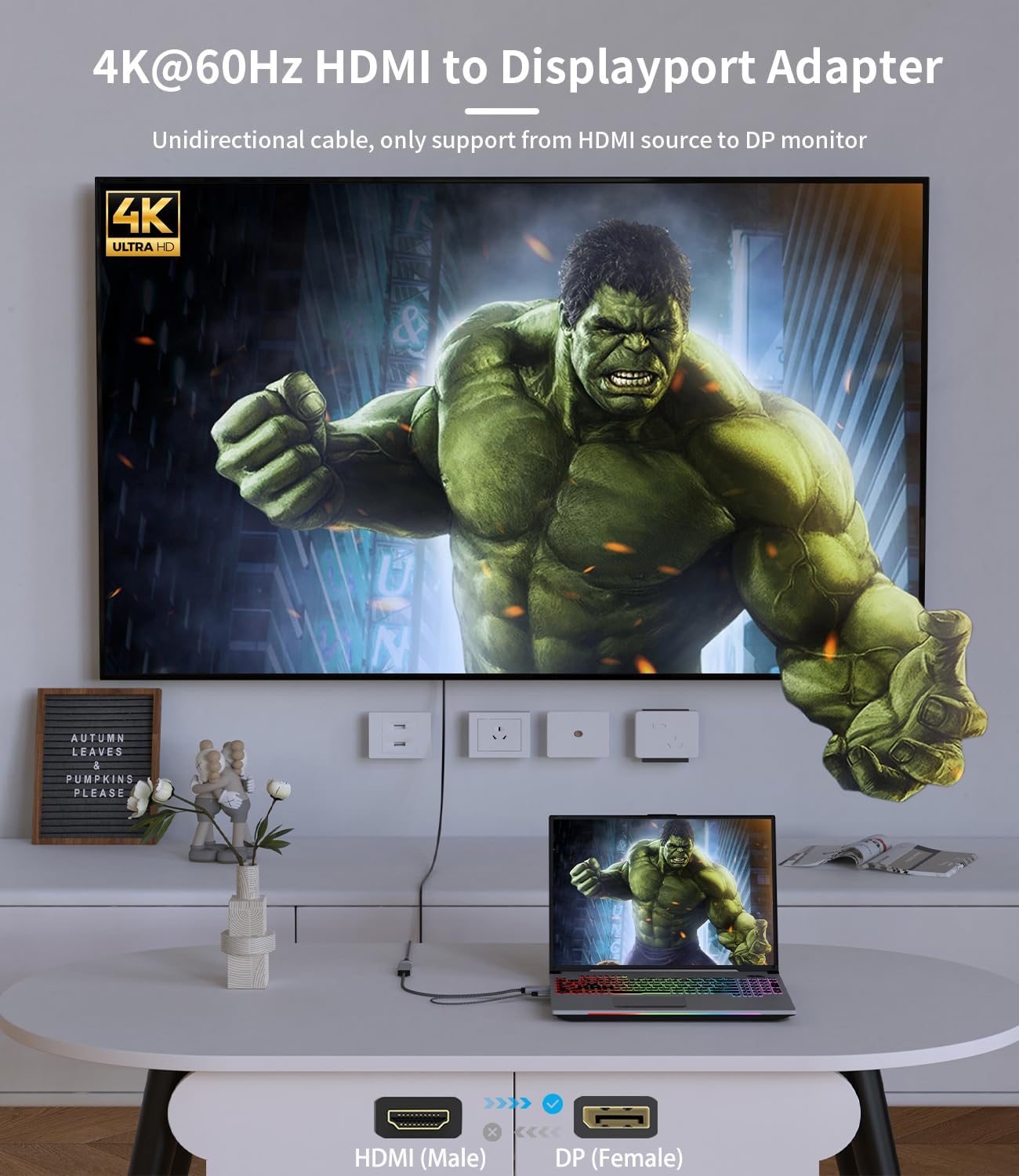 Adaptador HDMI a Displayport, 4K 60Hz HDMI activo macho a DP hembra adaptador convertidor de alta velocidad HDCP 2.2 cable para PC, NVIDIA, AMD, NS,
