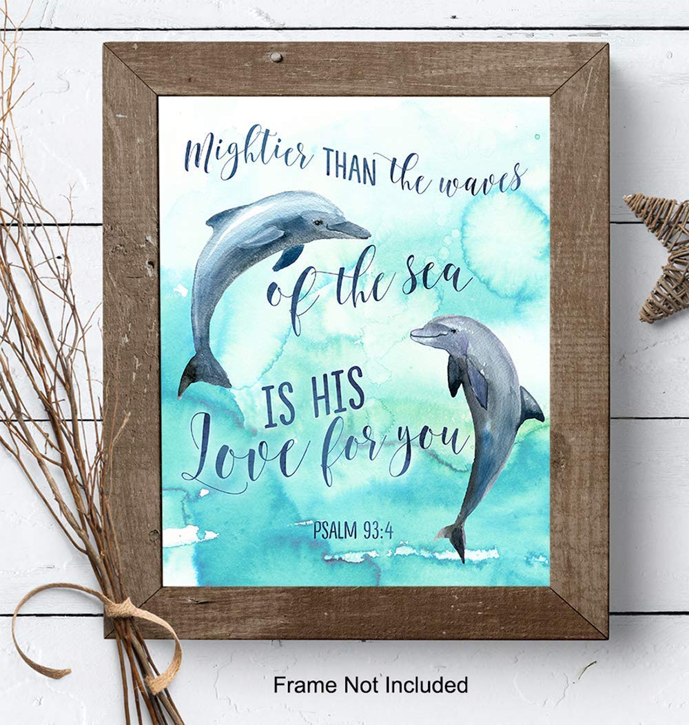 Mightier Than the Waves Dolphins Wall Decor – Religious Bible Verse Wall Art – Christian Scripture Decoration for Bedroom, Bathroom, Living Room,