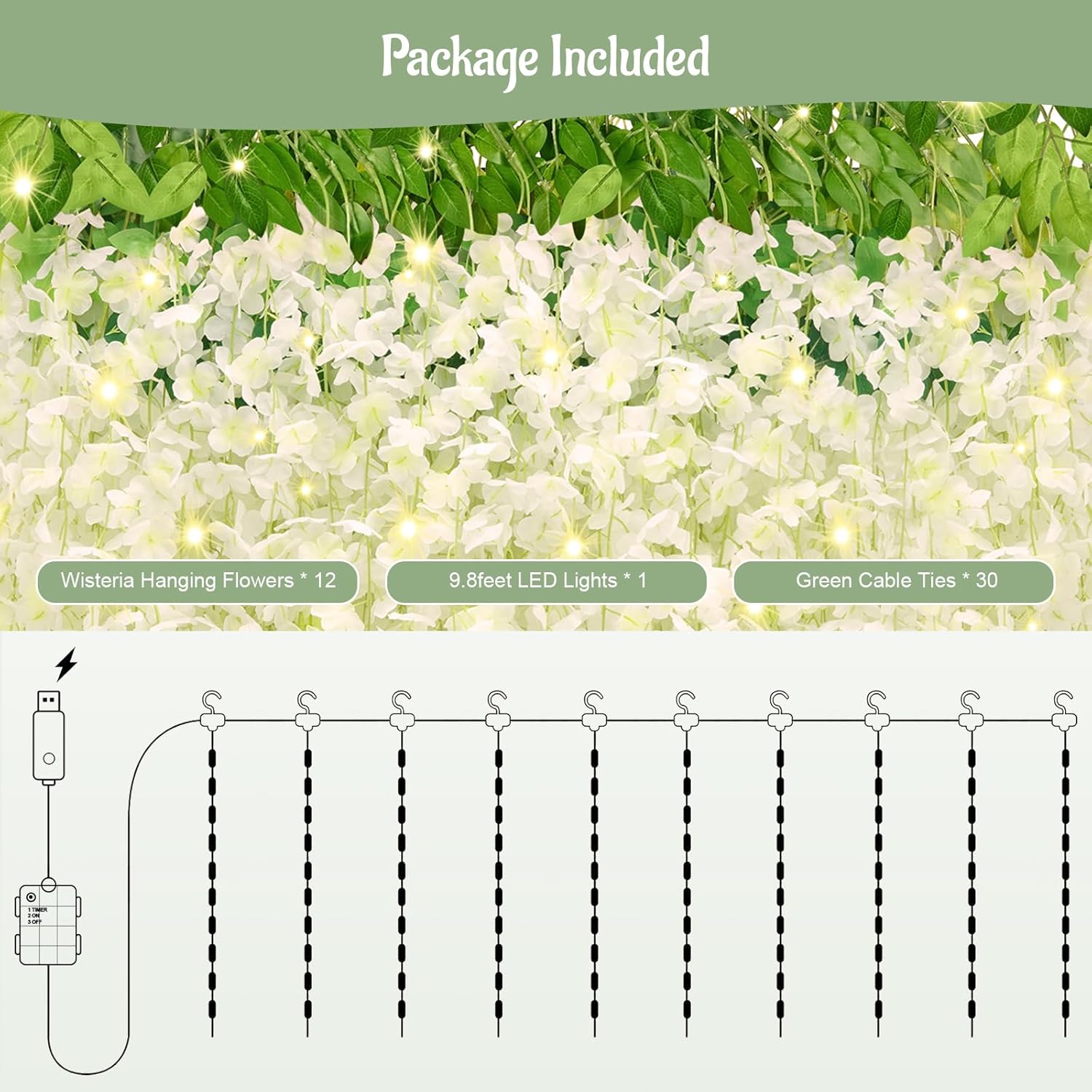 Waipfaru Paquete de 12 flores colgantes de glicina, flores artificiales de glicina blanca de 3.6 pies, guirnalda de glicinias, enredaderas colgantes