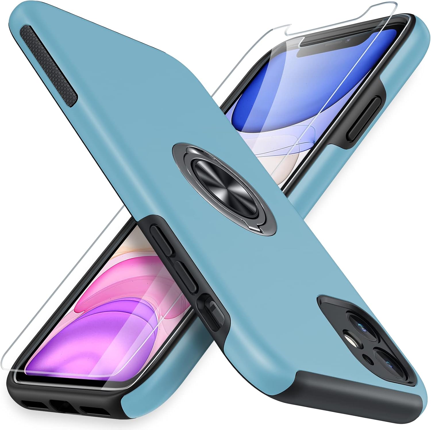 JAME Funda para iPhone 11 con protector de pantalla de vidrio templado, funda delgada y suave para iPhone 11, con soporte de anillo invisible y