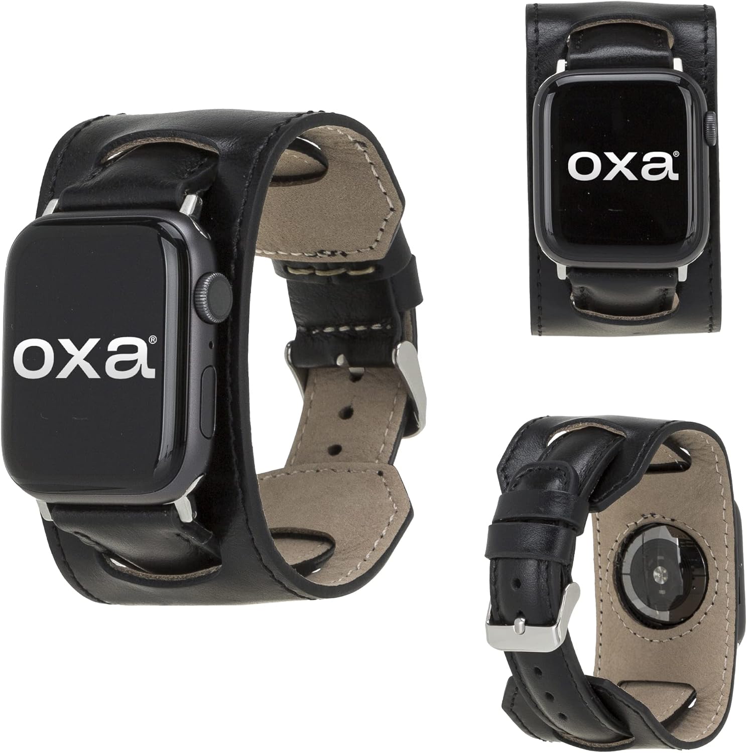 OXA Leather Cuff Watch Band Compatible with Apple Watch  Series 9 8 7 6 5 4 3 2 1 SE Ultra 1&2  Polished Stainless-Steel Buckle and Adapters  Men