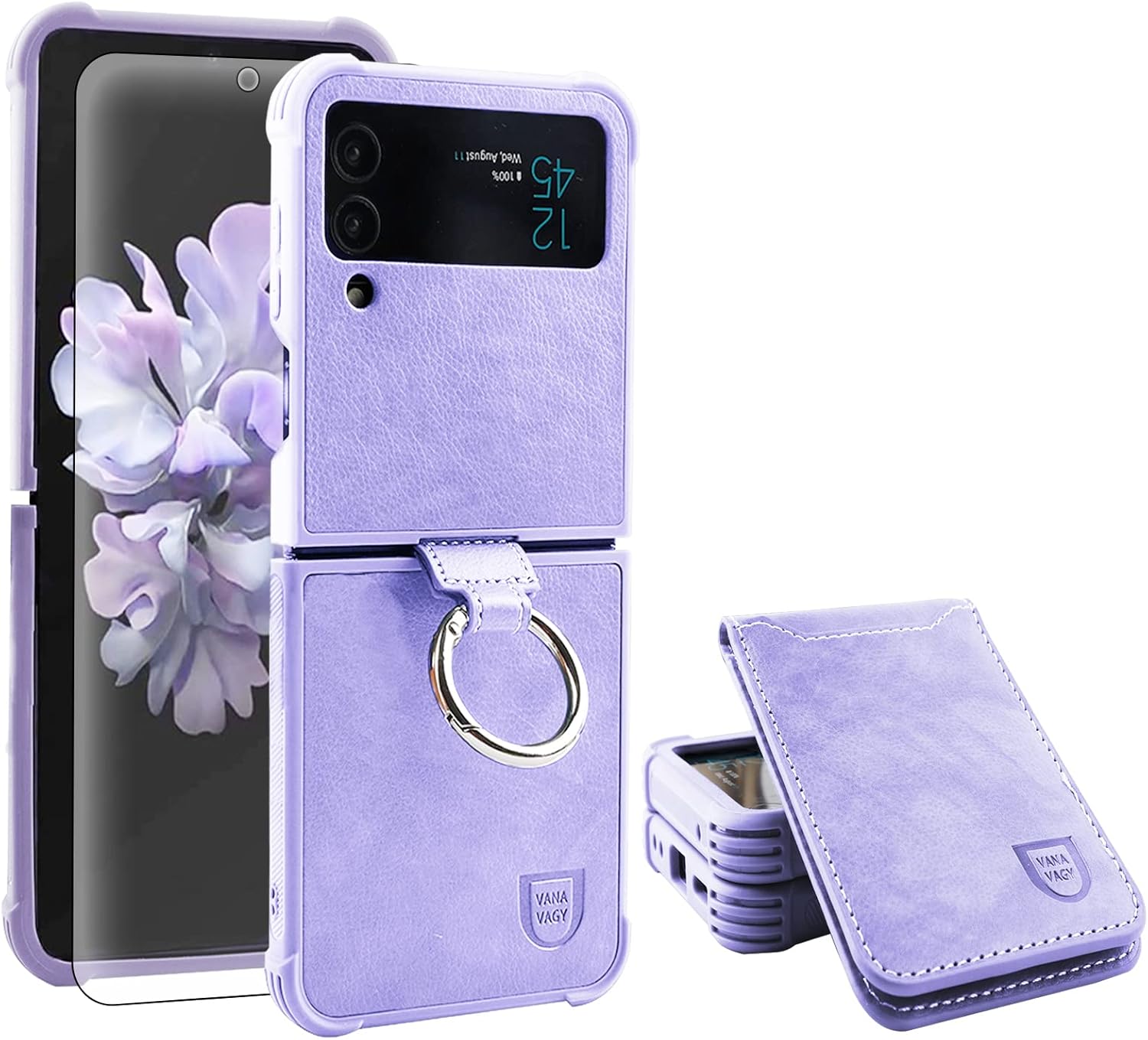 VANAVAGY Funda tipo cartera compatible con Samsung Galaxy Z Flip 4, funda de piel con tapa RFID con soporte para muñeca, carga inalámbrica con