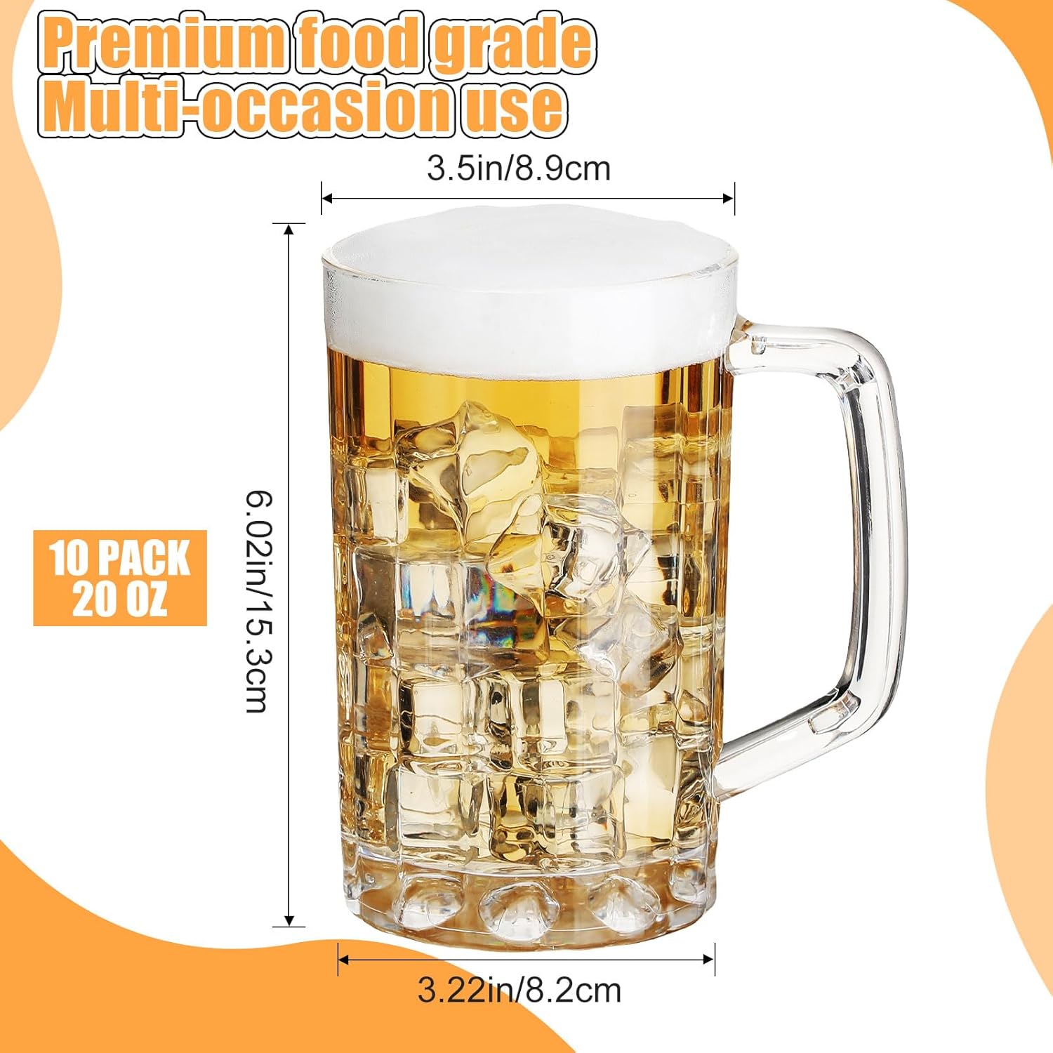 Mifoci 10 tazas de cerveza de plástico con asas, vasos de cerveza transparentes de plástico para bar, hogar, hotel, cóctel, bebidas, jugo de leche,