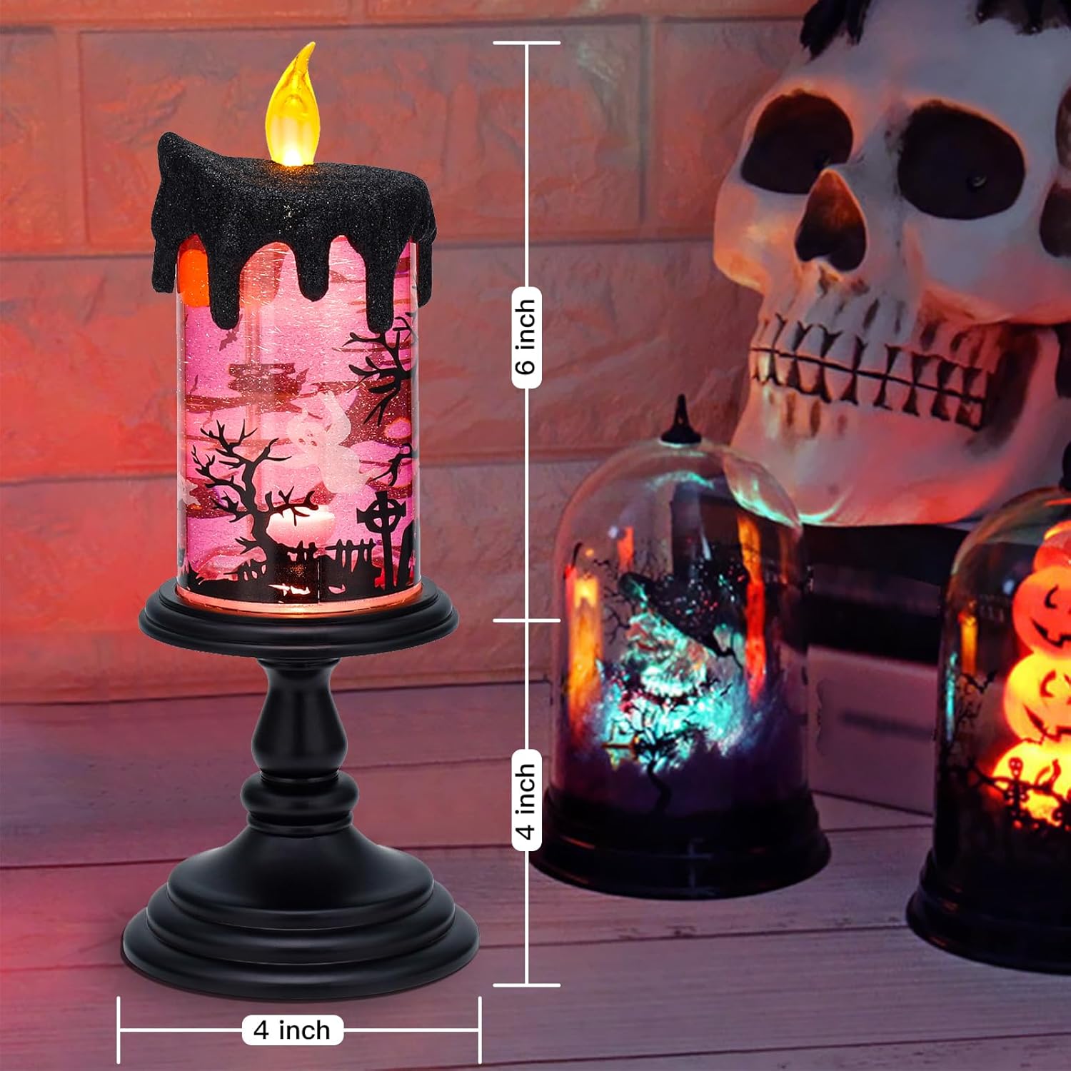 Lámpara iluminada de globo de nieve de Halloween, velas sin llama iluminadas con remolinos de purpurina de agua y movimiento espeluznante, funciona