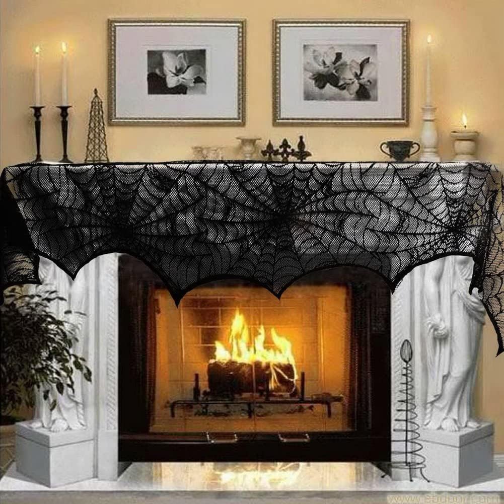 Decoración de chimenea de Halloween, decoración de tela de araña de encaje negro, cubierta de bufanda para chimenea, decoración de suministros de