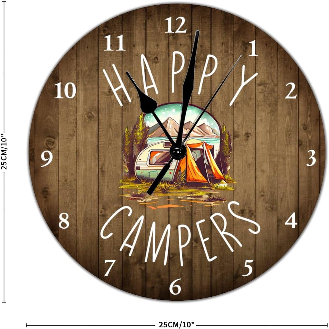 Reloj de PVC de 10 pulgadas silencioso sin tictac Happy Camper sin marco, con temática de camping, funciona con pilas, moderno reloj colgante