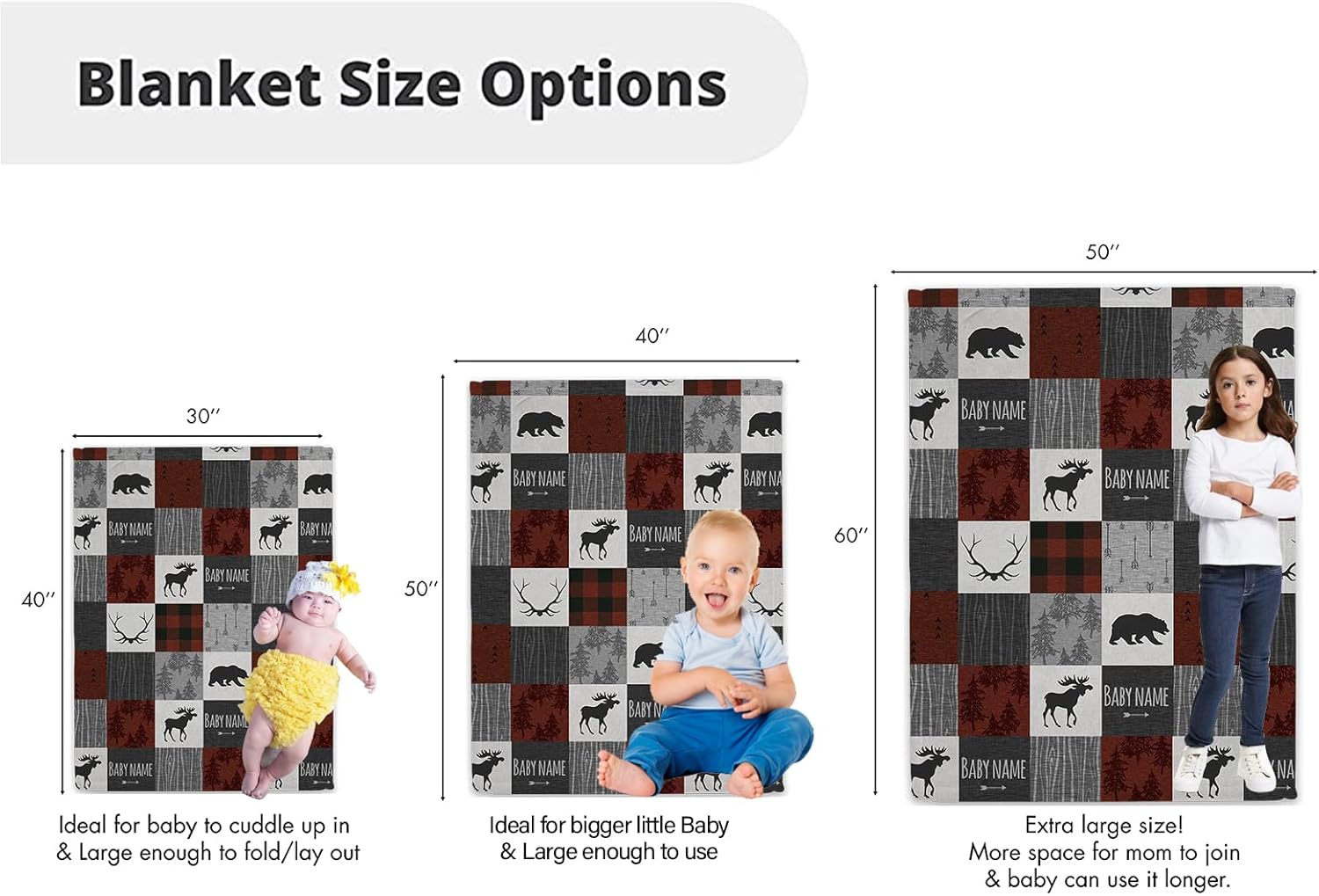 Woodland Deer and Bear – Mantas de bebé neutras personalizadas con nombre, manta suave y acogedora para niños y niñas, decoración de guardería del