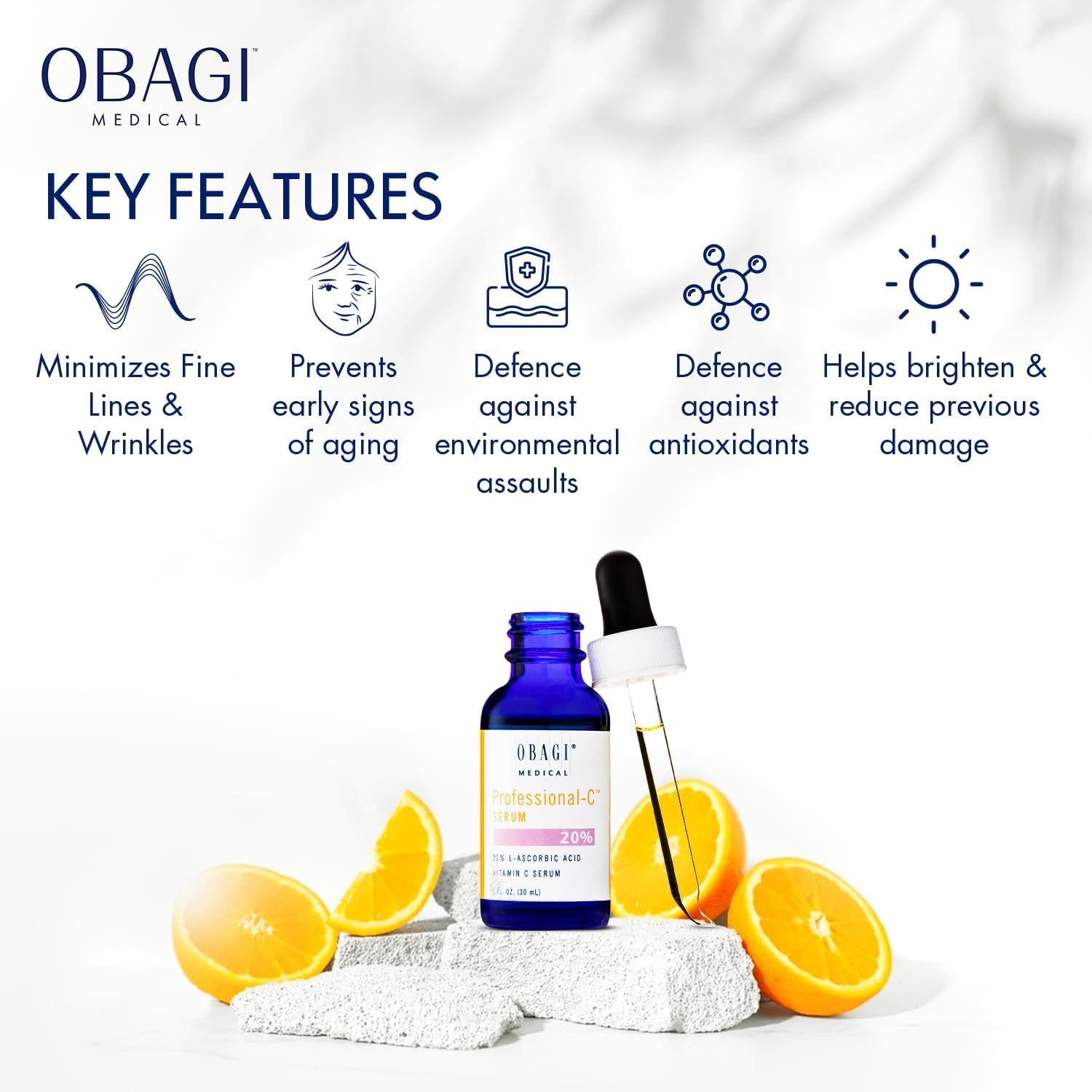 El suero Obagi Professional-C Suero de vitamina C ayuda a iluminar y minimizar la apariencia de líneas finas y arrugas
