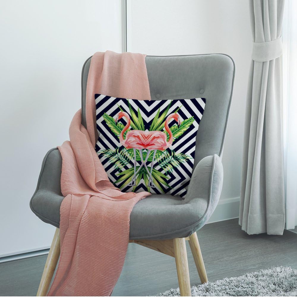 HGOD Designs – Funda de almohada decorativa con diseño de flamenco rosa con hojas de plátano tropicales, funda de almohada cuadrada de lino y