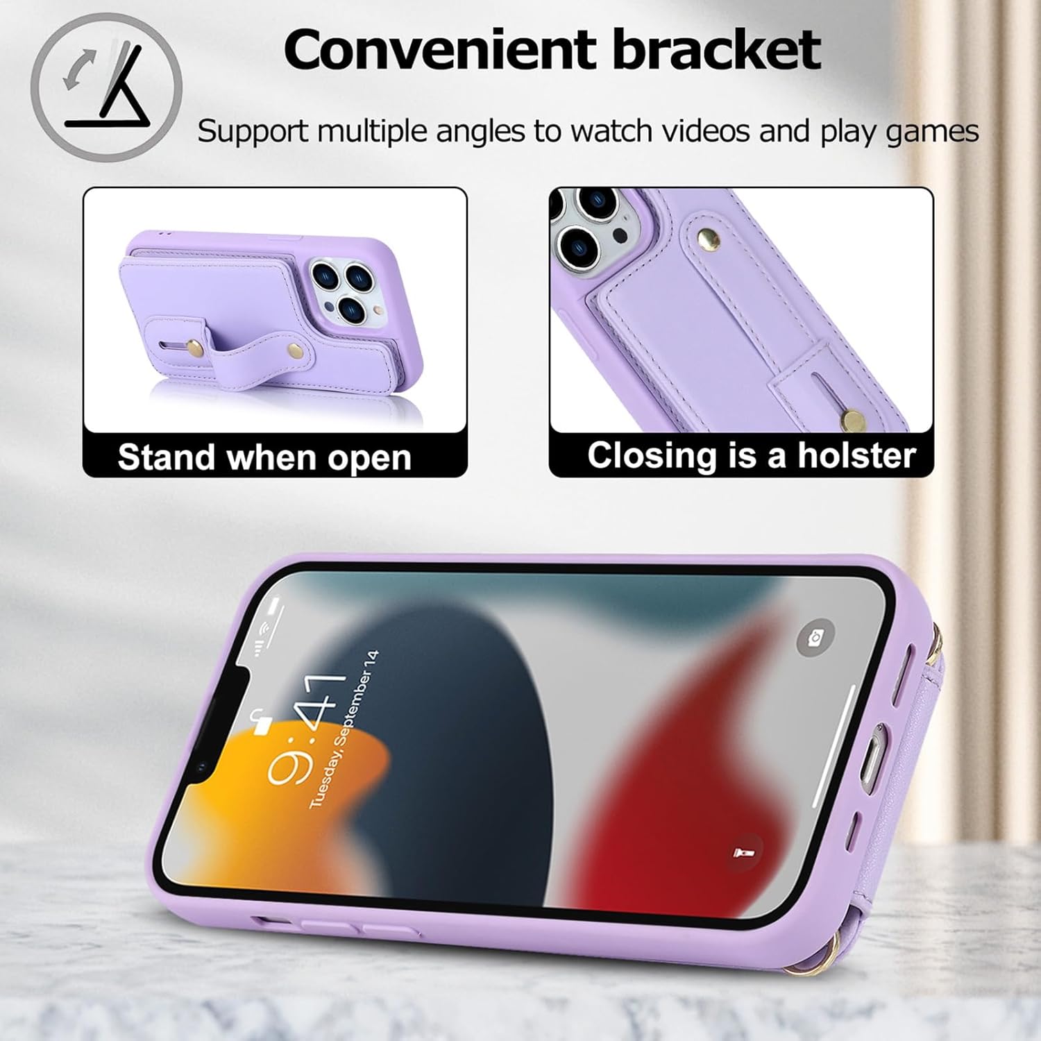 MYBAT PRO – Funda tipo cartera para iPhone 15 Pro, con tarjetero para mujeres y niñas, con correa, cierre magnético de piel sintética, con cordón