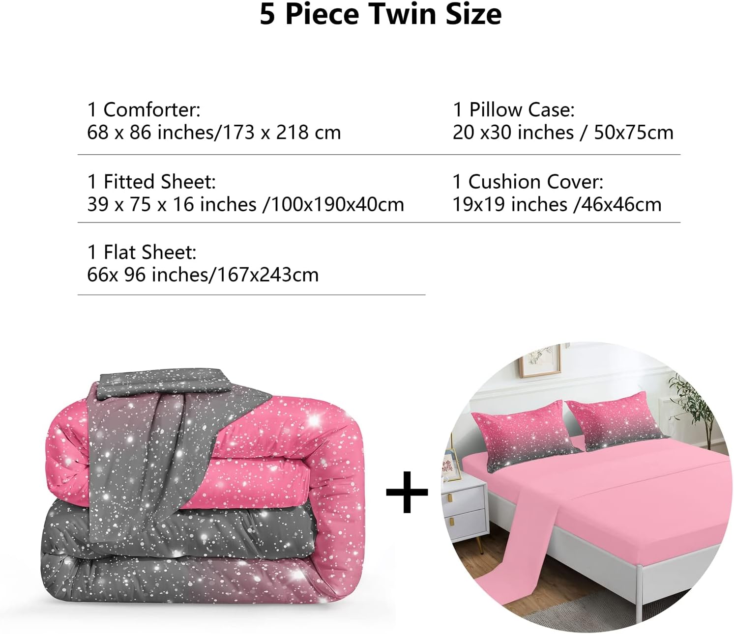 5 Pieces Rainbow Glitter Sparkles Comforter Set Twin Size Galaxy Starry Sky Bedding Sets 5 Pieces Bed in A Bag for Kids Teen Girls Ultra Soft