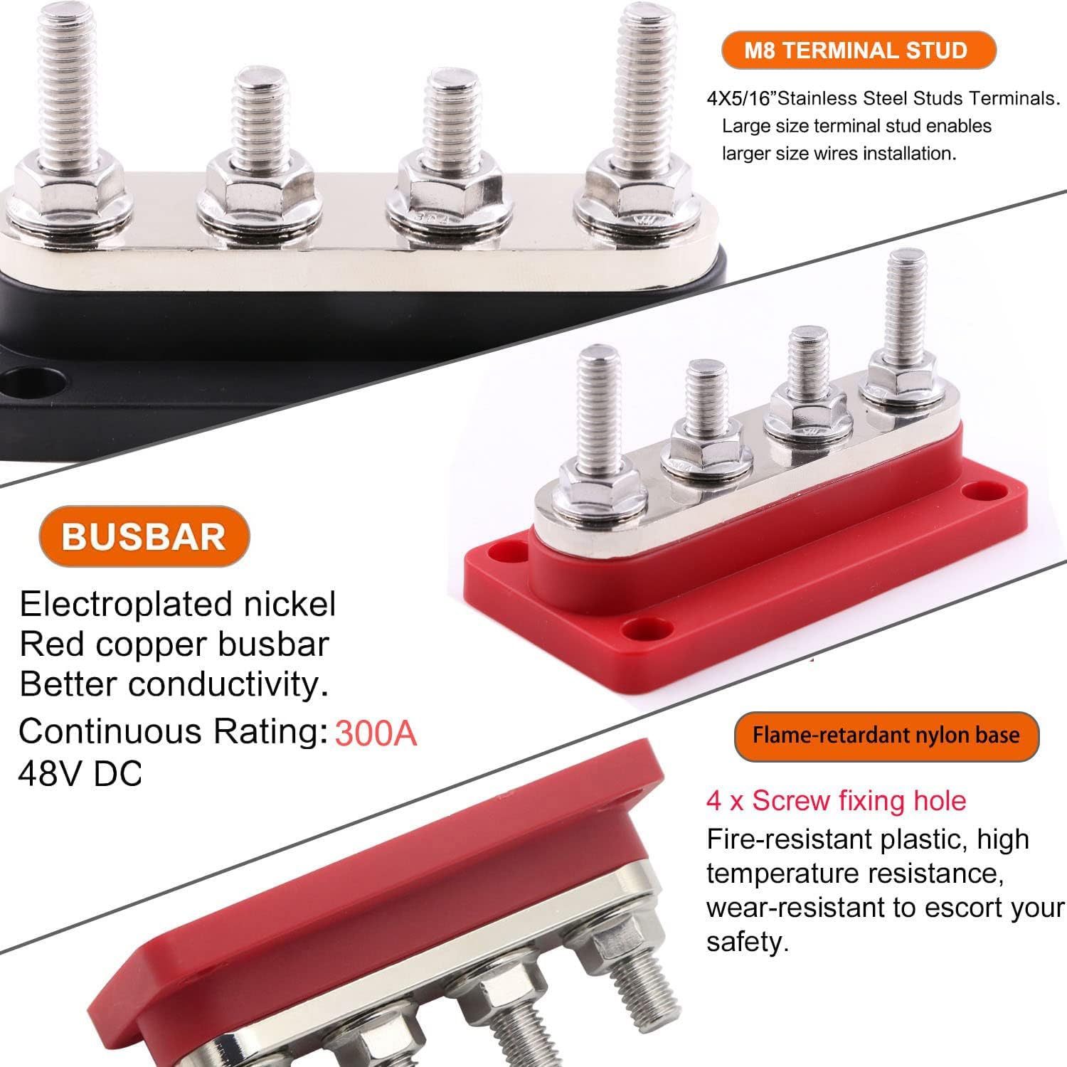 Gloaso Barras de bus de 12 V – 48 V CC y 300 amperios, hechas en cobre, módulo de servicio pesado 4 terminales de pernos de 516 pulgadas, bloque de