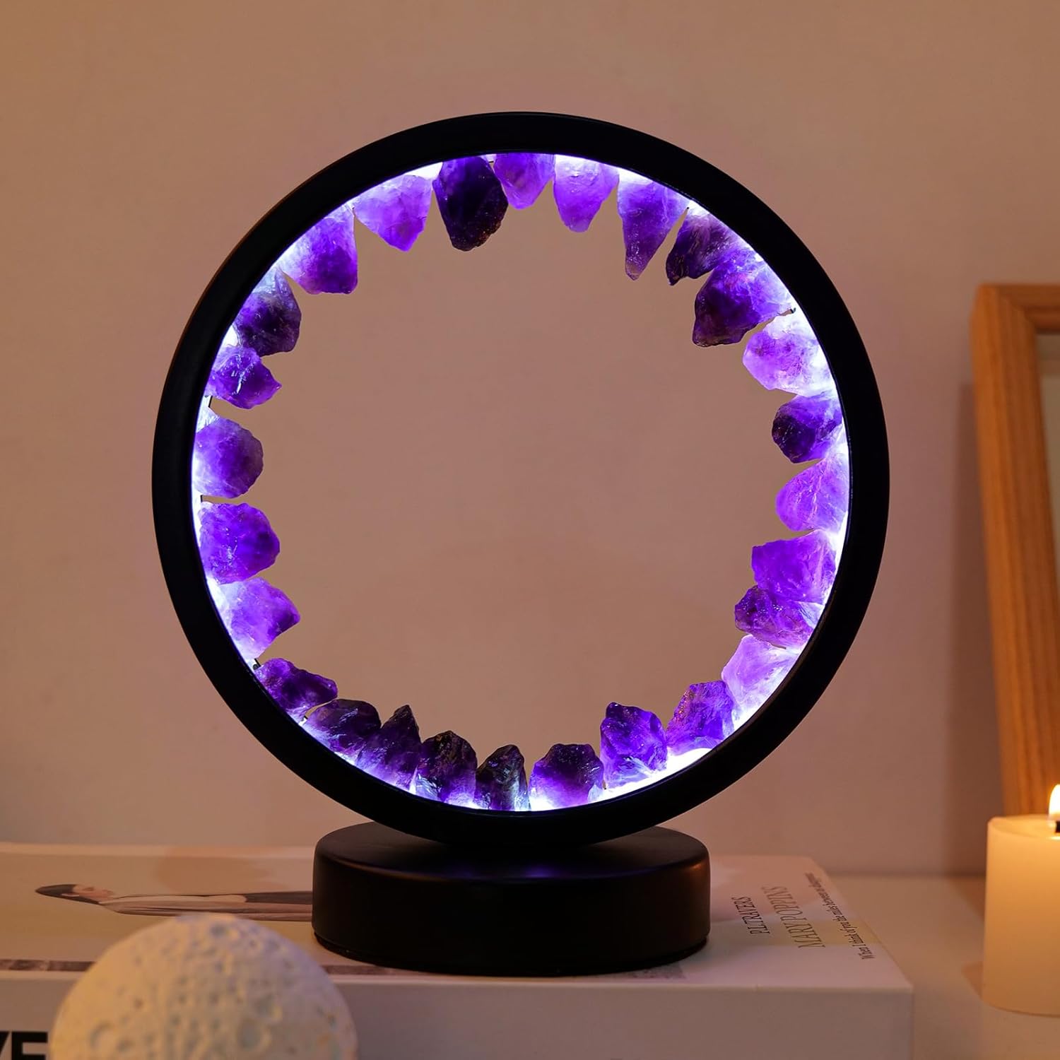 Runyansghi – Lámpara de noche de amatista de 8.6 pulgadas, cristal curativo natural, puerto USB, 3 colores, modo de atenuación, lámpara de noche