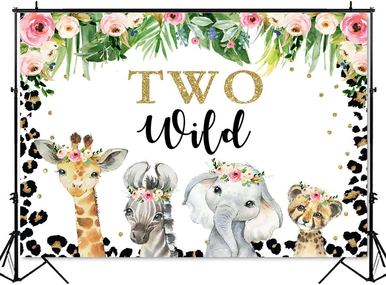 Mocsicka Fondo de dos salvajes para niñas, safari en la selva, animales de 2 cumpleaños, decoración de fiesta de cumpleaños floral, fondo de fotos