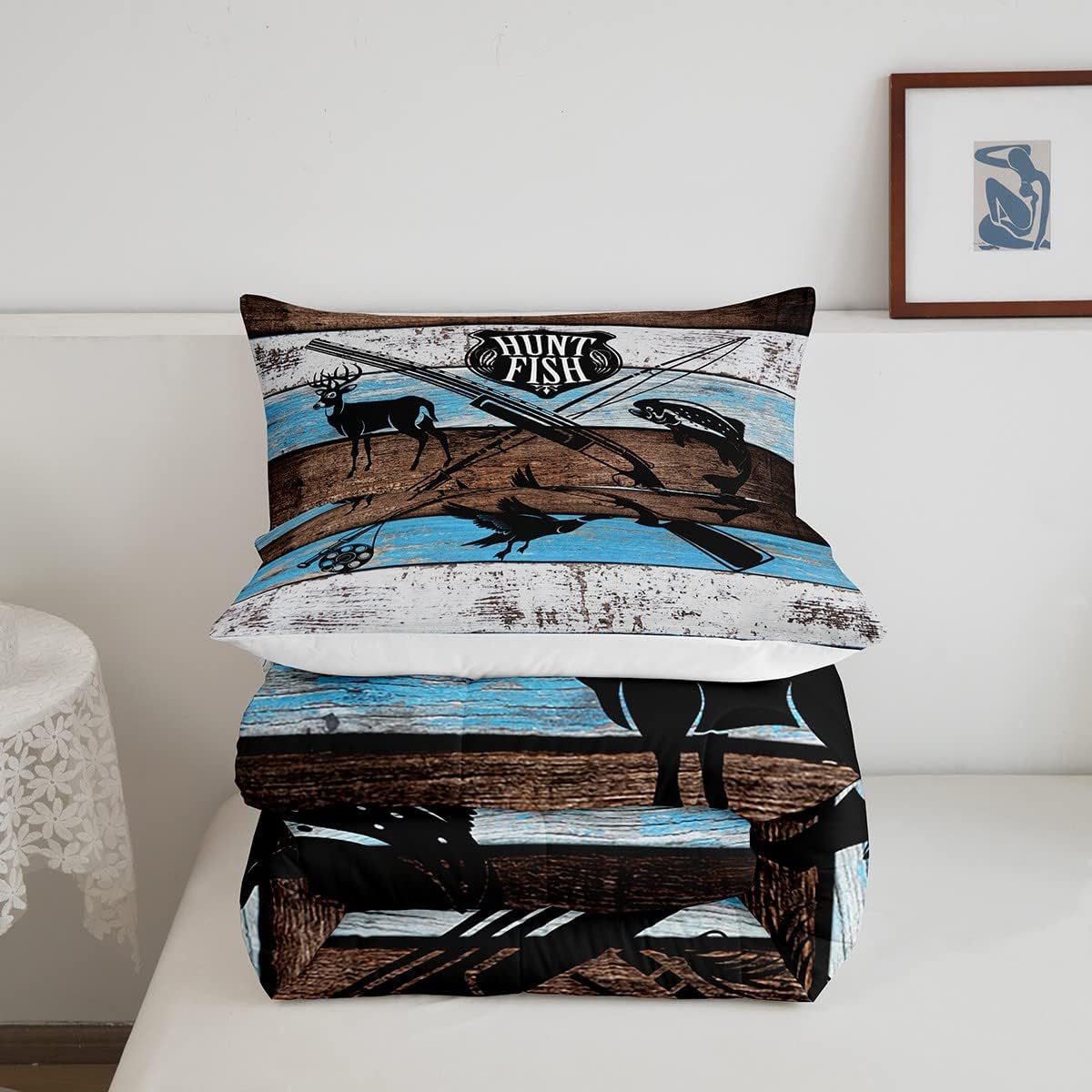 Juego de edredón tamaño Queen con temática de caza de animales de ciervos y pájaros, con 2 fundas de almohada, tablero de madera azul rústico, 3