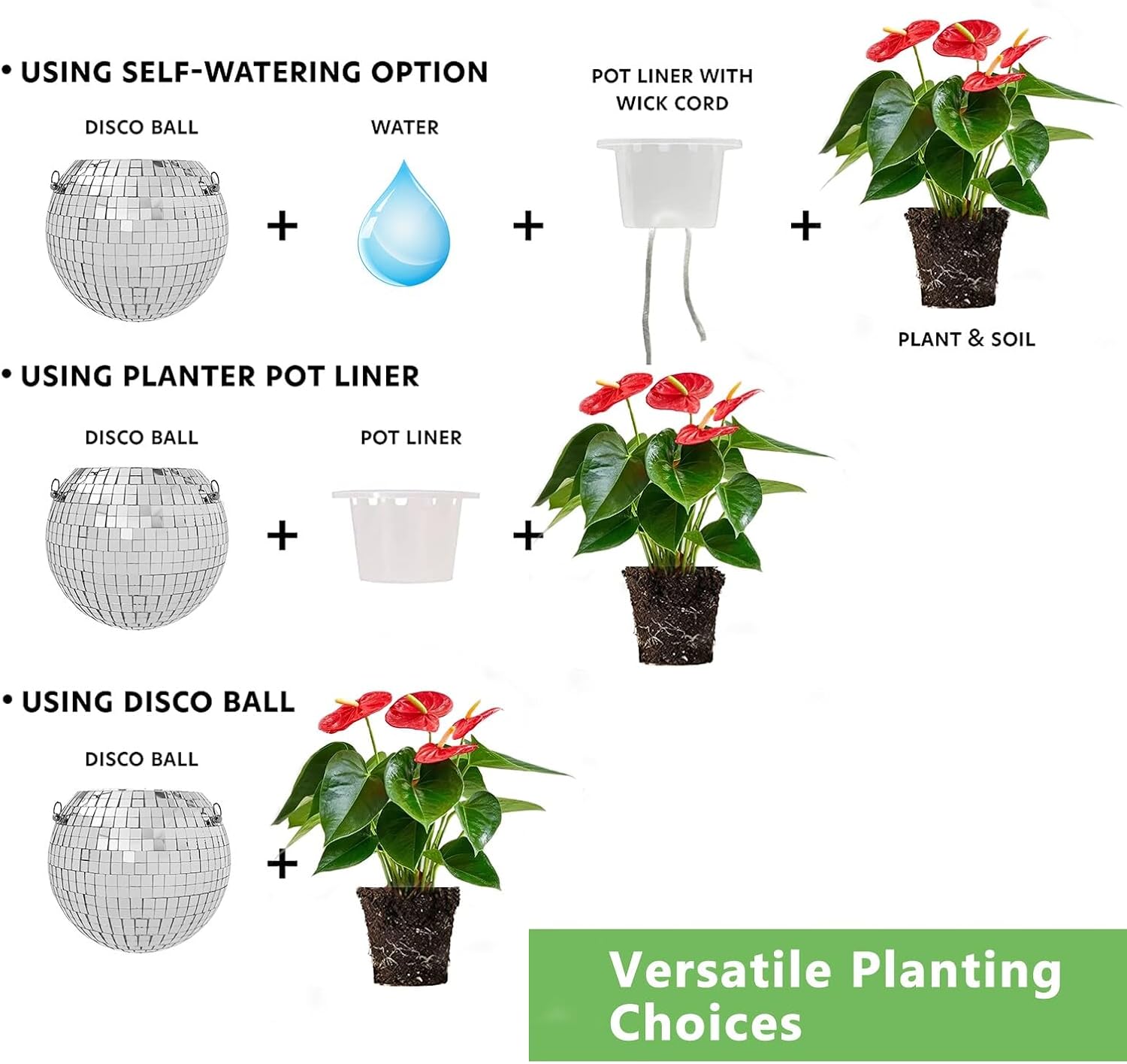 Macetas de riego automático para plantas de interior con orificio de drenaje, maceta de bola de discoteca con cadena, cuerda de macramé, anillo de