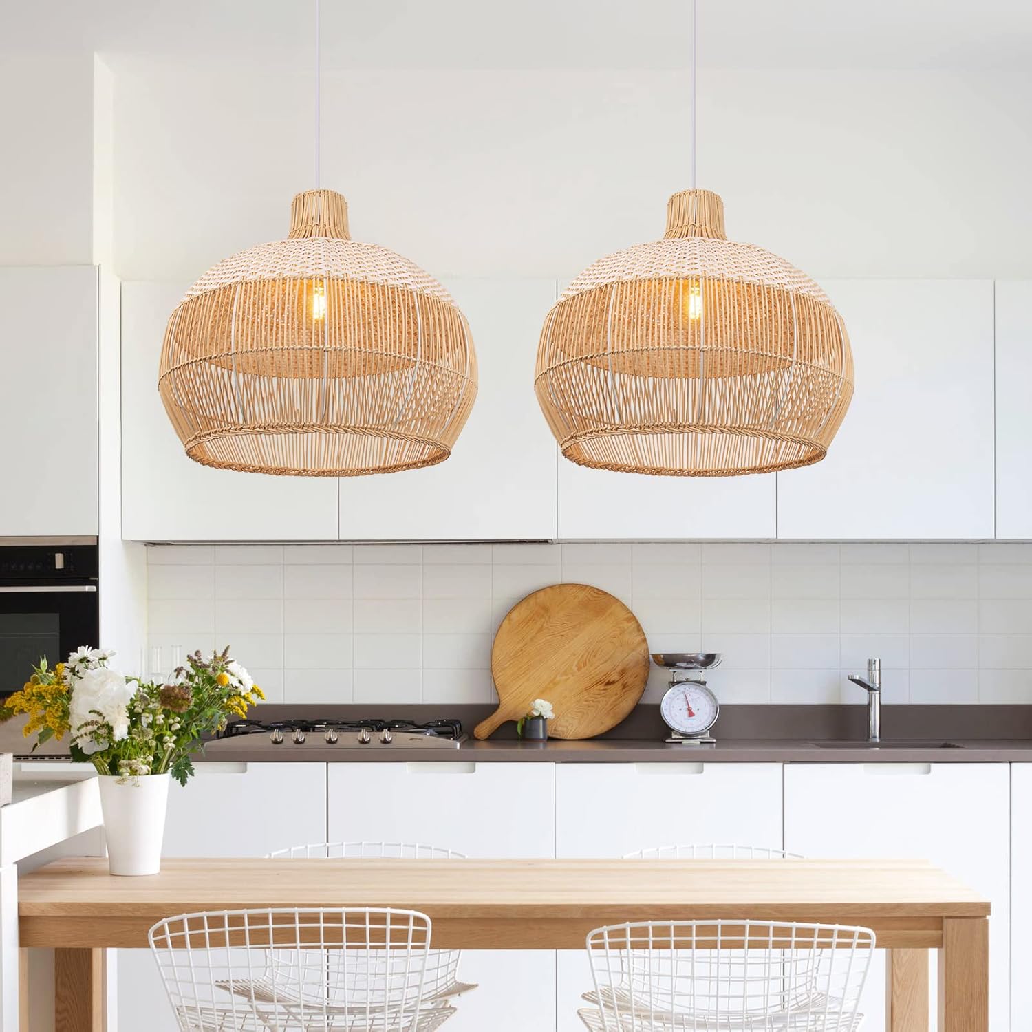 Arturesthome Lámpara colgante de ratán blanco para fregadero de isla de cocina, candelabro de mimbre, pantalla de techo colgante tejida a mano