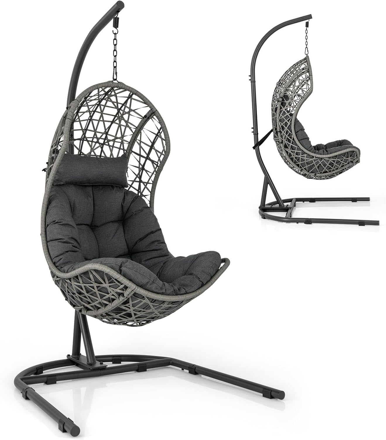 Giantex Silla de huevo para exteriores e interiores, silla hamaca con soporte, almohada, cojín, accesorios para colgar, cesta colgante de ratán de