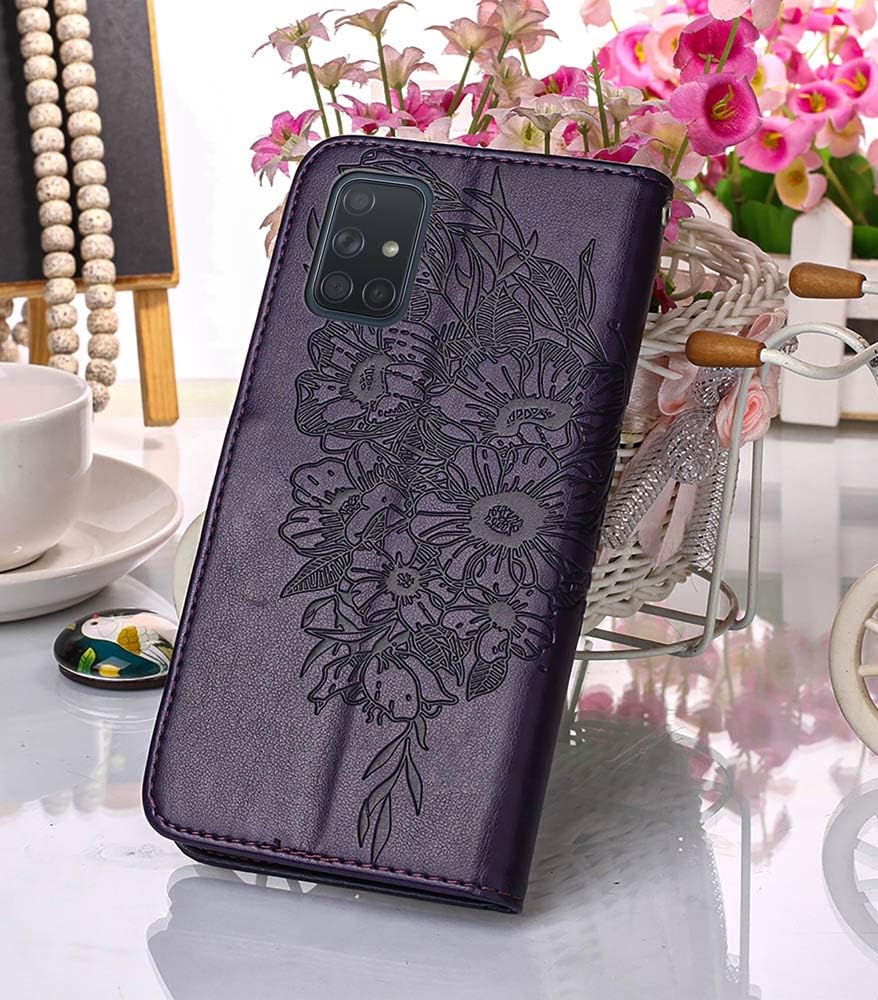 Funda A51 para Samsung A51, función atril, correa de muñeca, ranuras para tarjetero, diseño floral de mariposa en relieve, funda protectora de piel
