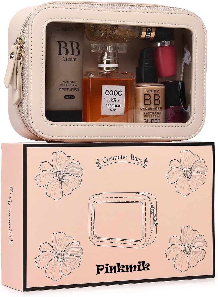 Pinkmik Bolsa de maquillaje transparente, estuche de viaje portátil transparente para cosméticos, neceser de viaje transparente, bolsa de maquillaje