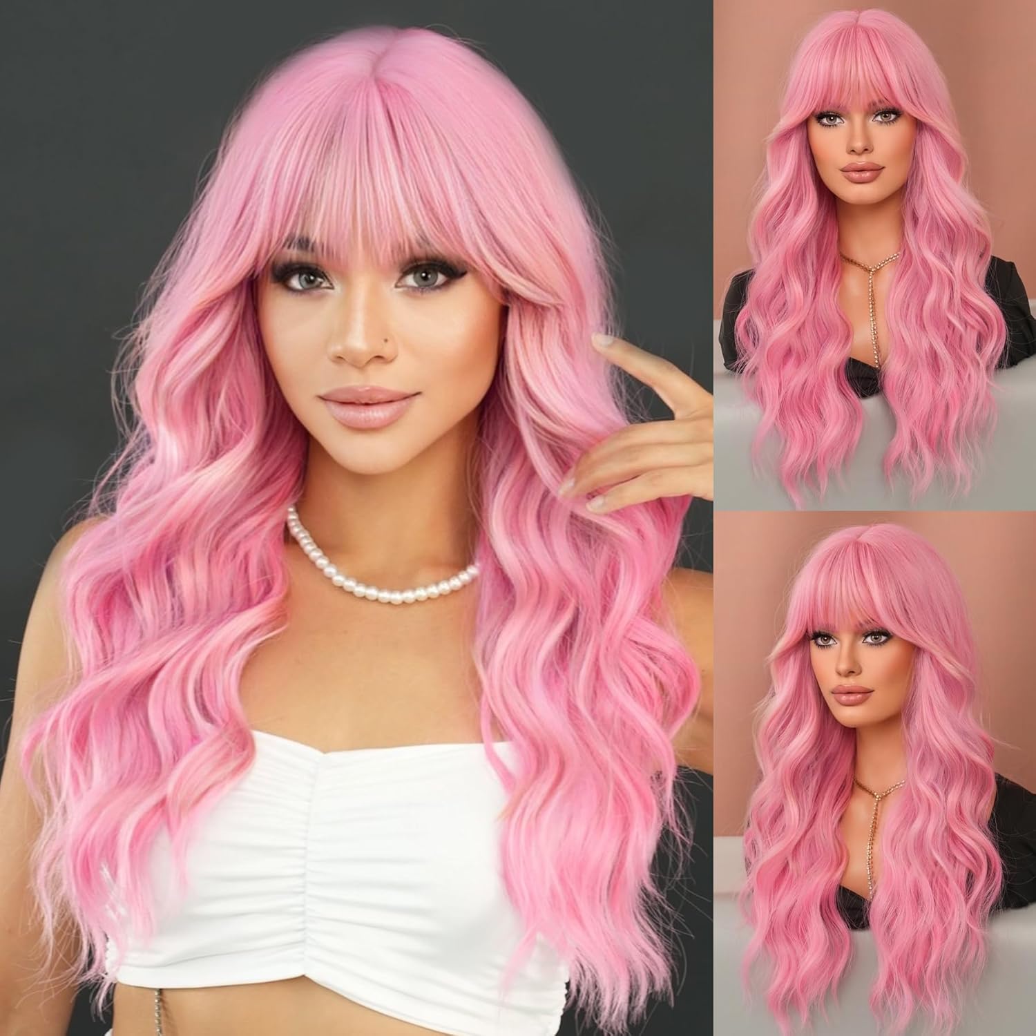 7JHH WIGS Peluca larga ondulada rosa de 24 pulgadas, fibra sintética resistente al calor, rizada, rosa claro, con flequillo, para mujeres y niñas,