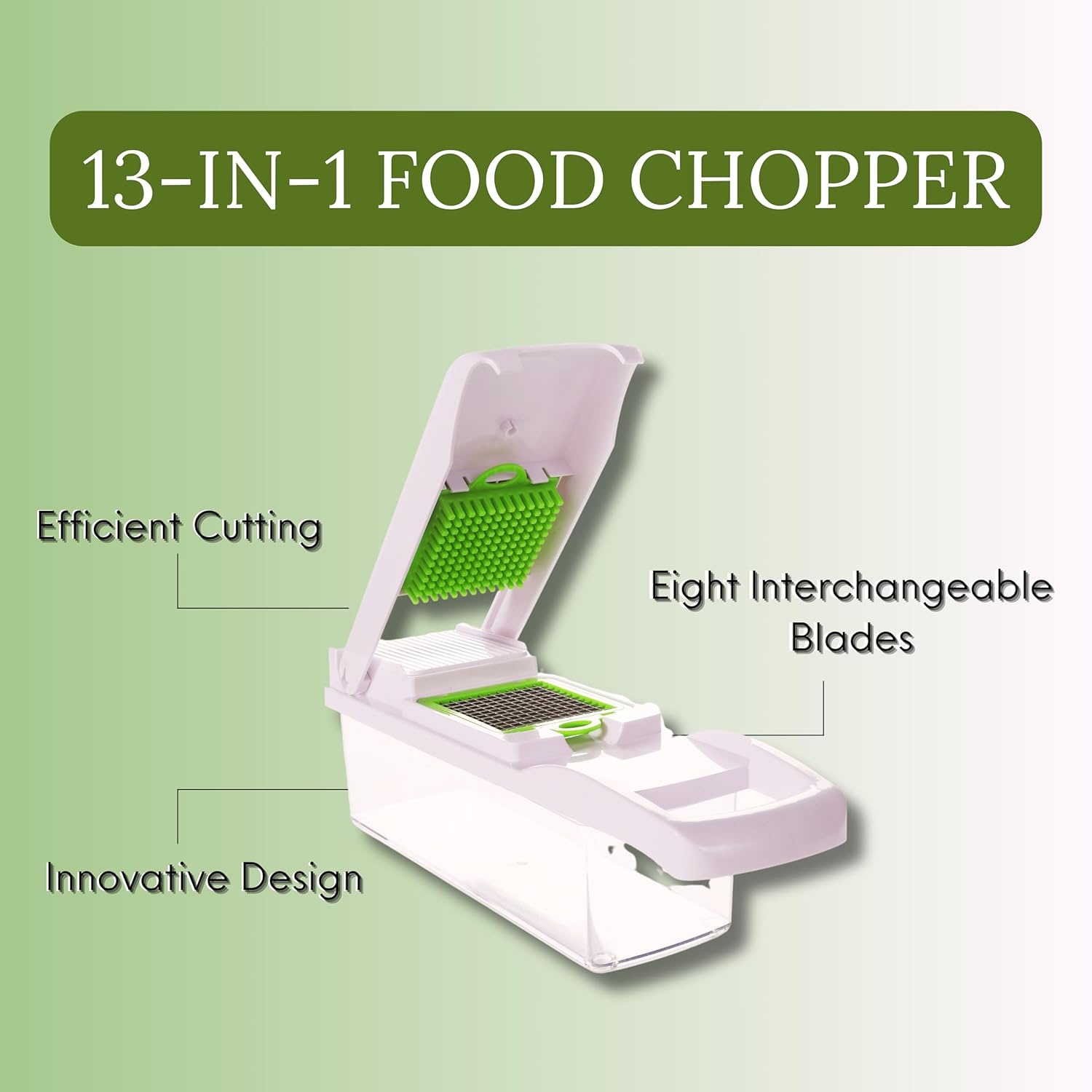 Picador de alimentos 13 en 1, cortador profesional de verduras, picador de verduras y picador de ajo con 8 cuchillas intercambiables y recipiente
