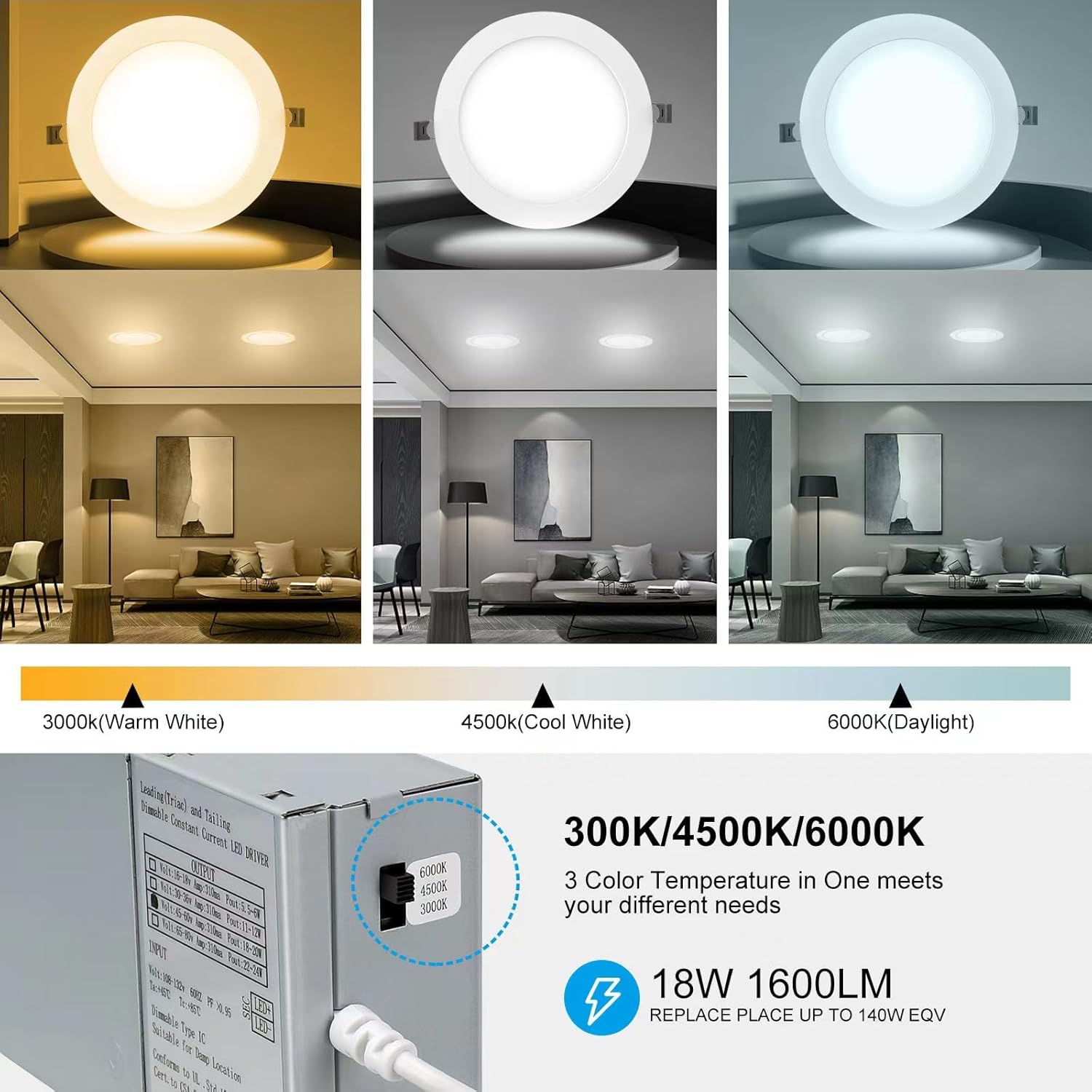 Paquete de 6 luces empotrables LED ultrafinas 3CCT de 7 pulgadas con caja de conexiones, 3000 K4500 K6000 K seleccionables, 18 W Eqv 125 W, luz