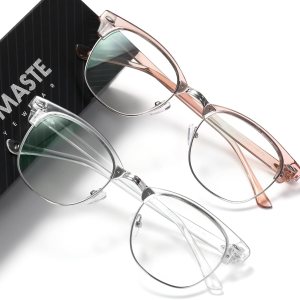 AOMASTE Lentes de bloqueo de luz azul, vintage, medio marco, lente transparente UV, antifatiga ocular, gafas de juegos para computadora para mujeres AOMASTE Lentes de bloqueo de luz azul, vintage, medio marco, lente transparente UV, antifatiga ocular, gafas de juegos para computadora para mujeres