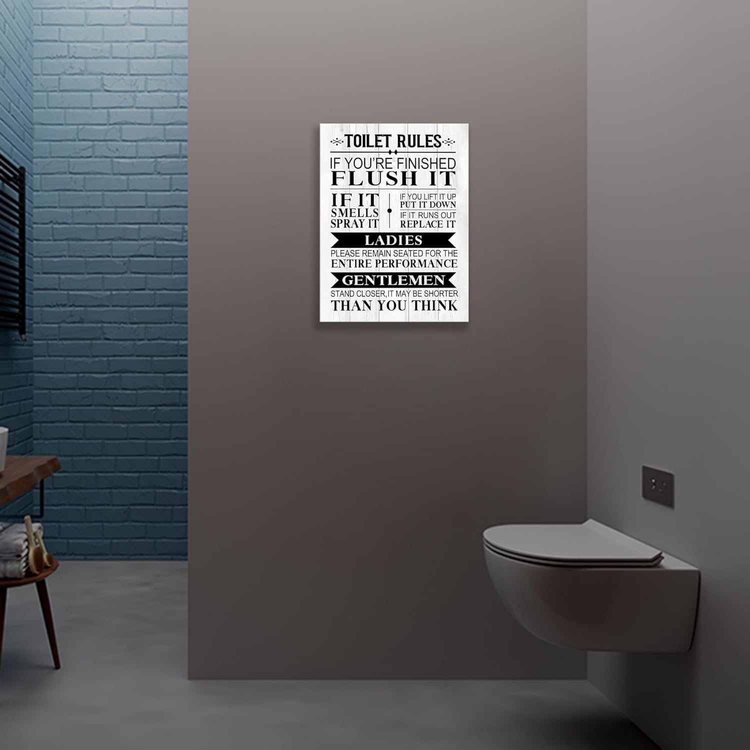 NIKICEE Impresiones artísticas en lienzo con citas de reglas de inodoro, letreros divertidos para decoración de baño, divertido arte de pared de