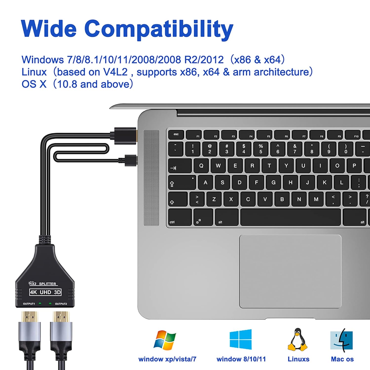 TOYAYAYO Divisor HDMI 1 en 2 salidas, deje que un puerto HDMI asigne dos puertos HDMI Divisores de audio y video HD, LED, LCD, TV, soporte dos