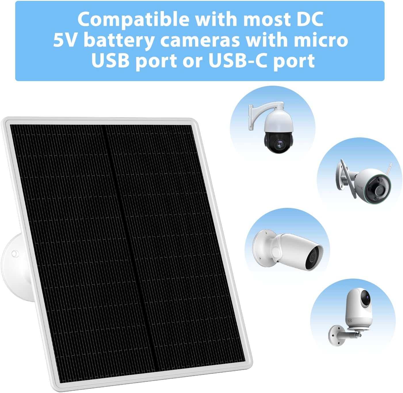 LP Panel solar de 6 W para cámara de seguridad inalámbrica para exteriores, compatible con cámara de vigilancia alimentada por batería recargable,