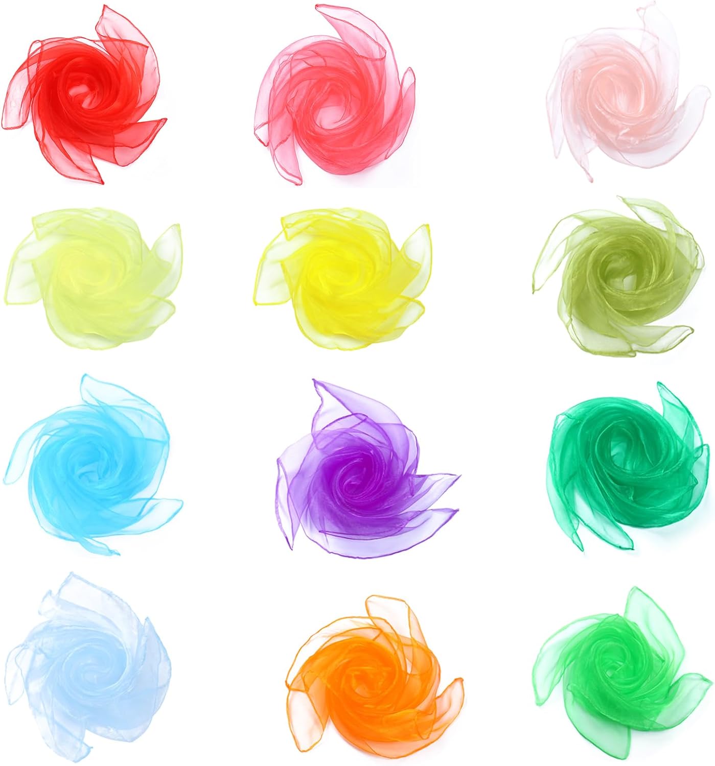 KIMOBER 12 bufandas cuadradas de baile, 12 colores malabares de seda, trucos de magia de música, accesorios para niños pequeños (24 x 24 pulgadas)