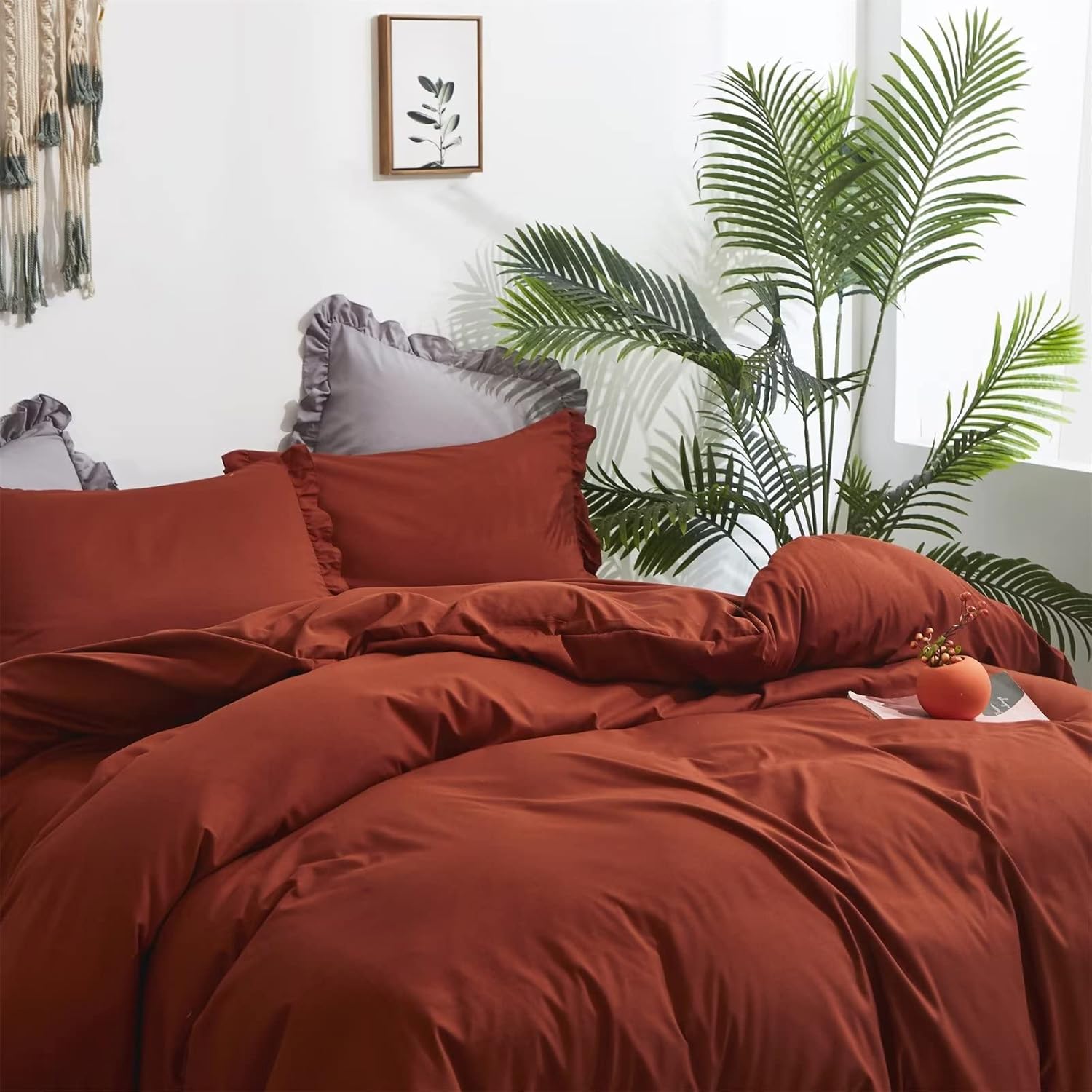Houseri Juego de edredón de color naranja quemado con volantes, tamaño King, ropa de cama bohemia de color óxido, color naranja caramelo, terracota