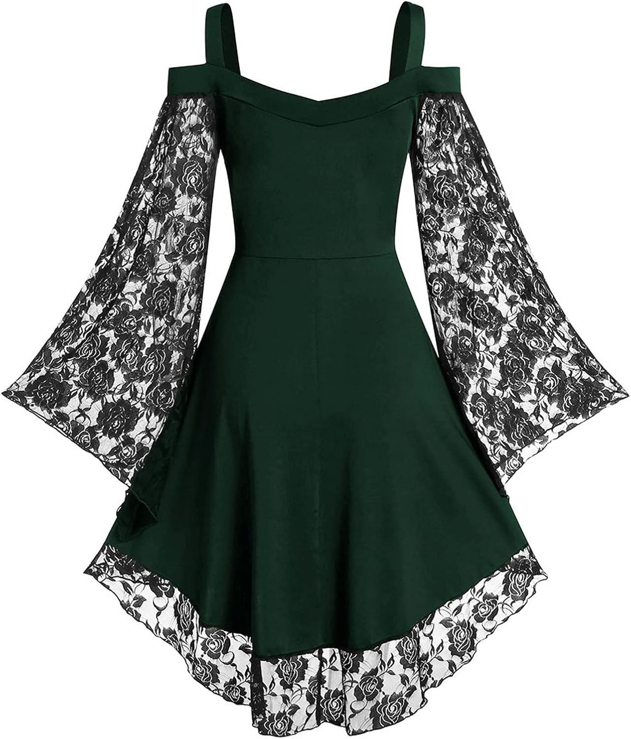 Vestido gótico con hombros descubiertos para mujer, con encaje, manga acampanada, vestido de cóctel formal, vestido de cóctel punk para Halloween,