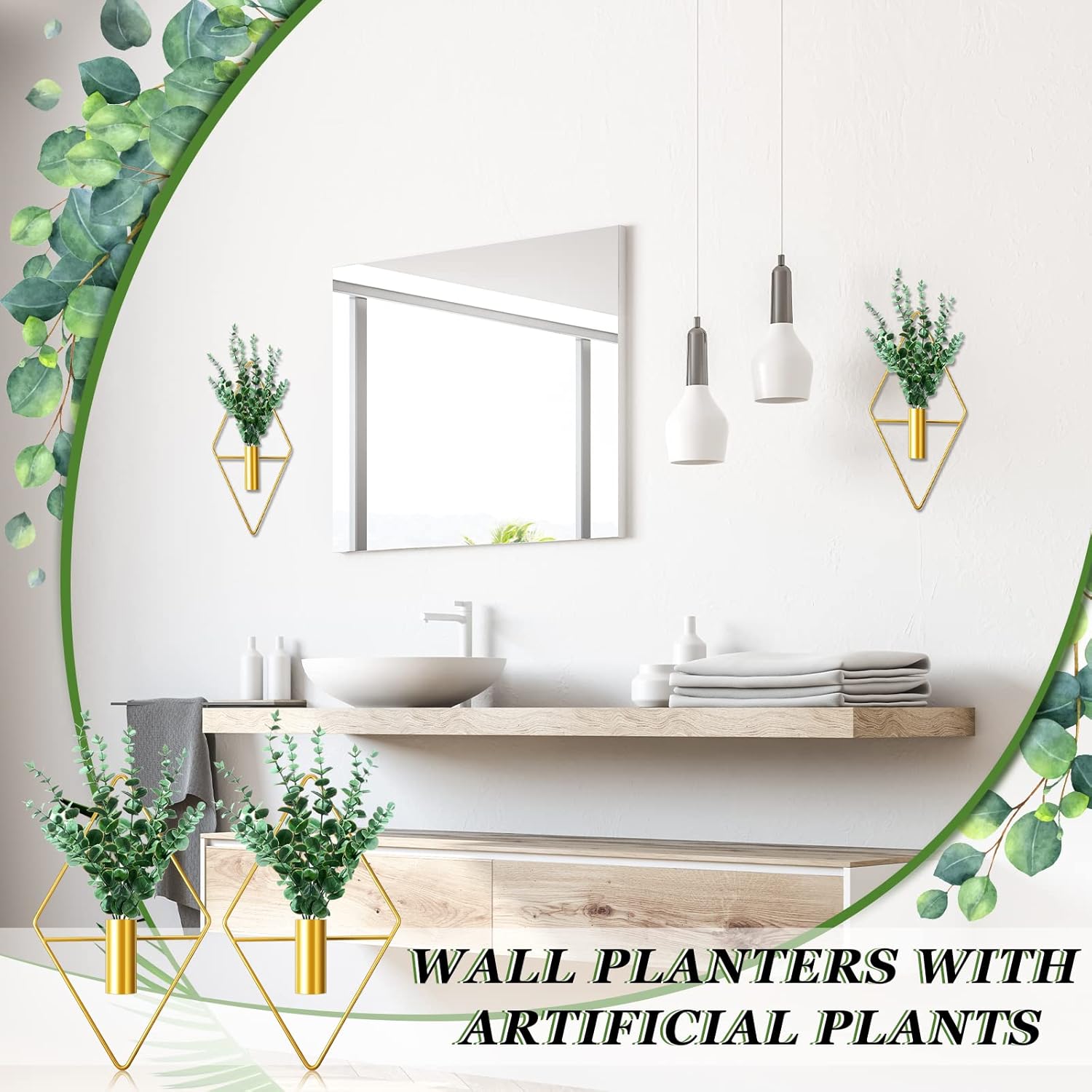2 macetas colgantes en forma de diamante con plantas acuáticas artificiales, jarrón de metal, soporte para interiores, decoración de pared