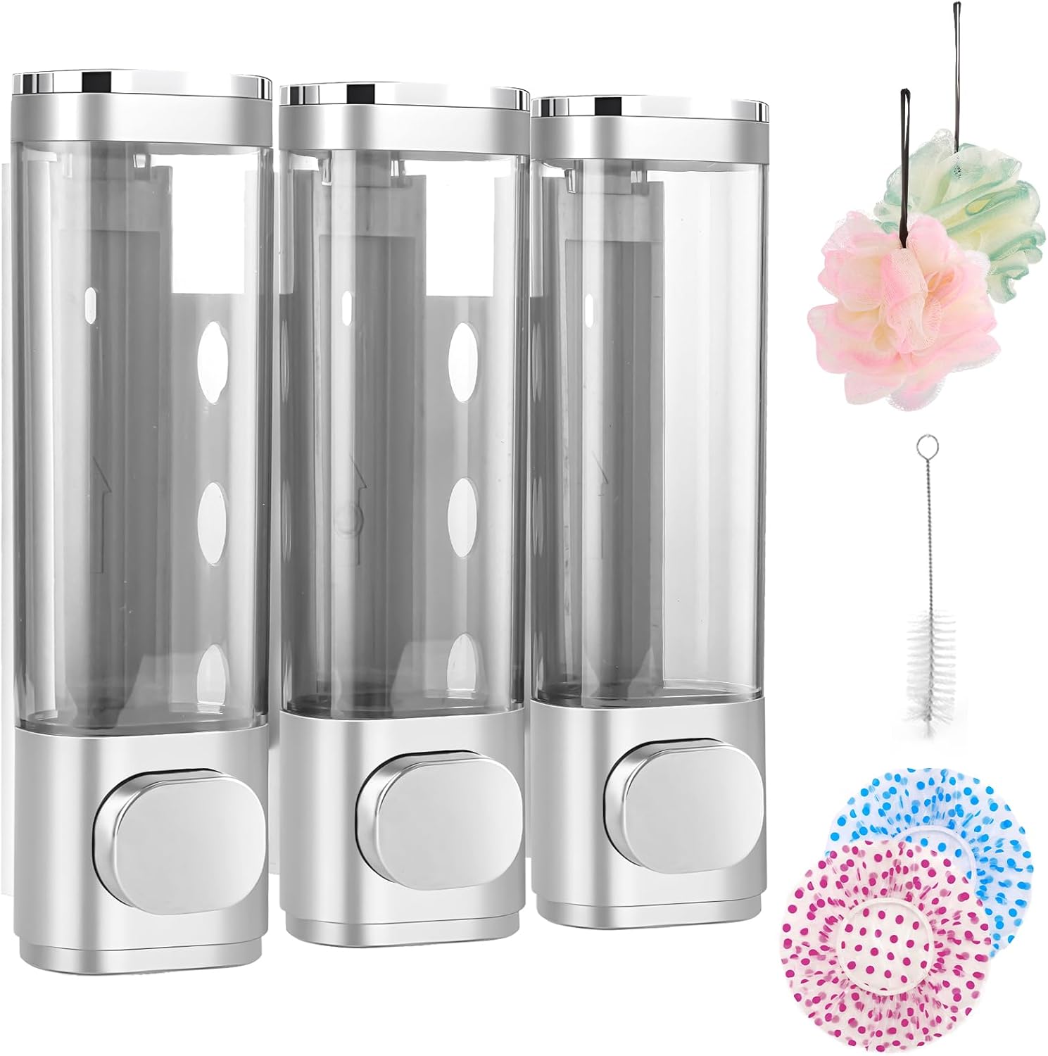 6pcs Shampoo and Conditioner Dispenser No Drill Shower soap Dispenser Wall Mounted 3 Chamber for Bathroom, Kitchen,Hotel Pumps are Easy to use No
