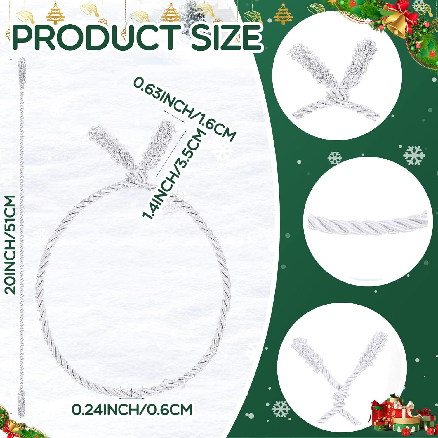 Guirnalda de Navidad de 20 pulgadas, lazos decorativos de Navidad para barandilla, lazos giratorios reutilizables y flexibles para Navidad,