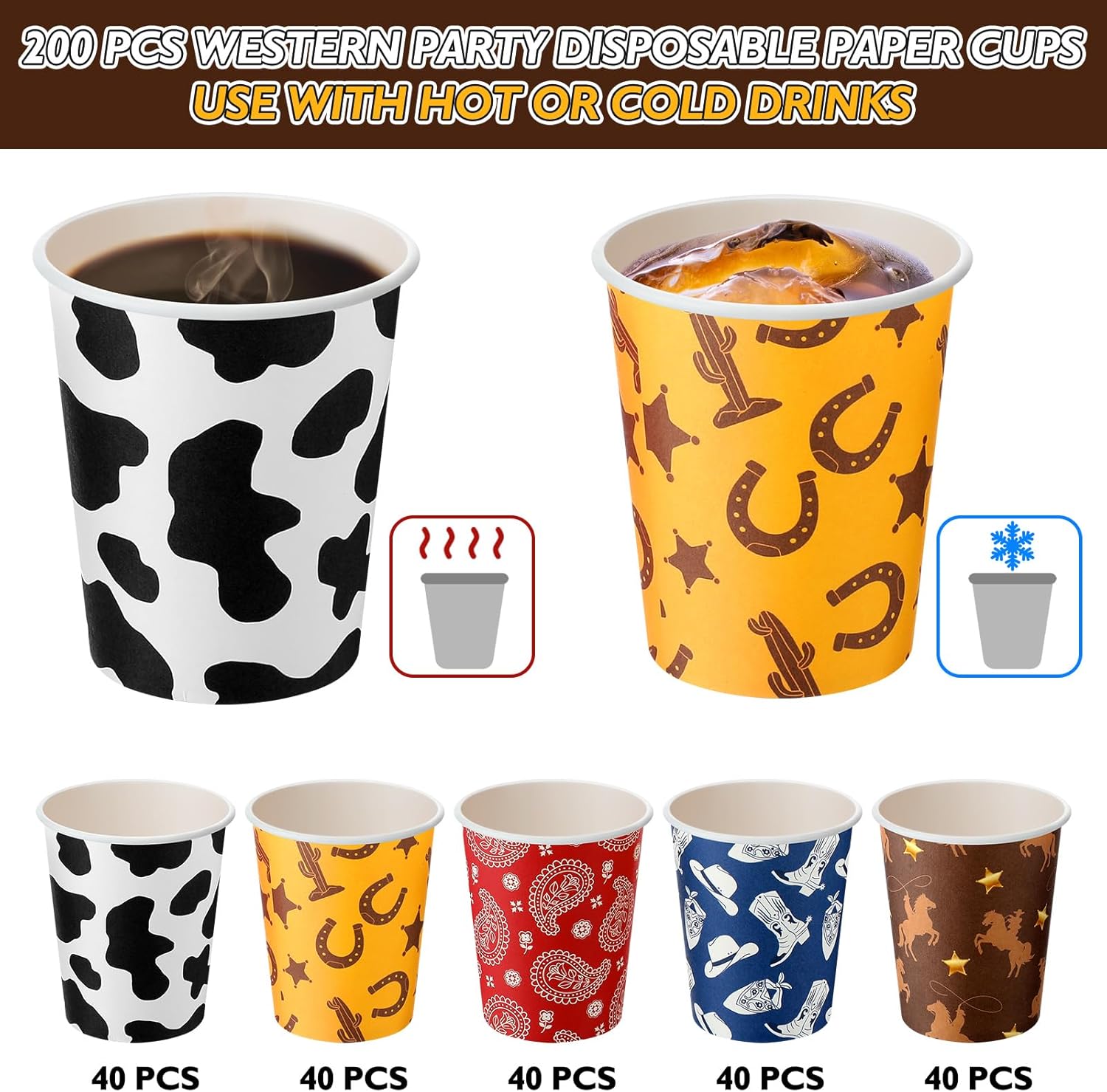 Yaomiao 200 vasos de papel desechables para fiesta de vaquero occidental, a granel, 9 onzas, vasos de papel desechables para café, suministros para