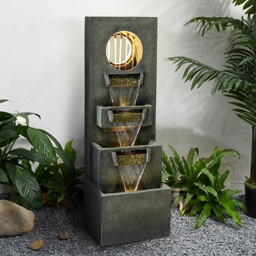 Moderna fuente de cascada para interiores y exteriores, 39.3 pulgadas de alto, relajante y relajante al aire libre, fuentes independientes con luces