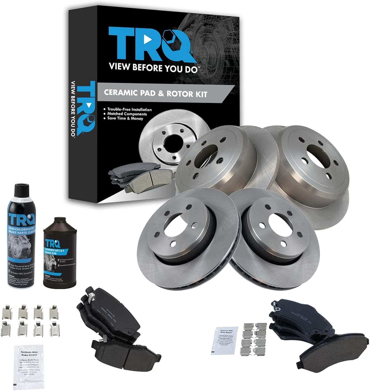 TRQ Kit de pastillas de freno delanteras y traseras y rotores Kit de productos químicos para freno, pastillas de freno de cerámica compatible con