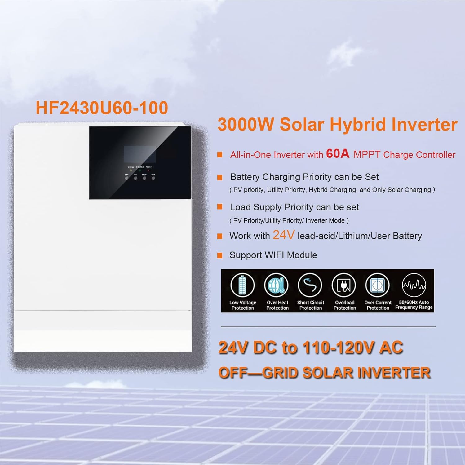 Y&H Inversor híbrido solar de 3000 W 24 V fuera de la red AC120V inversor de onda sinusoidal pura con controlador MPPT de 60 A PV Max entrada de 100