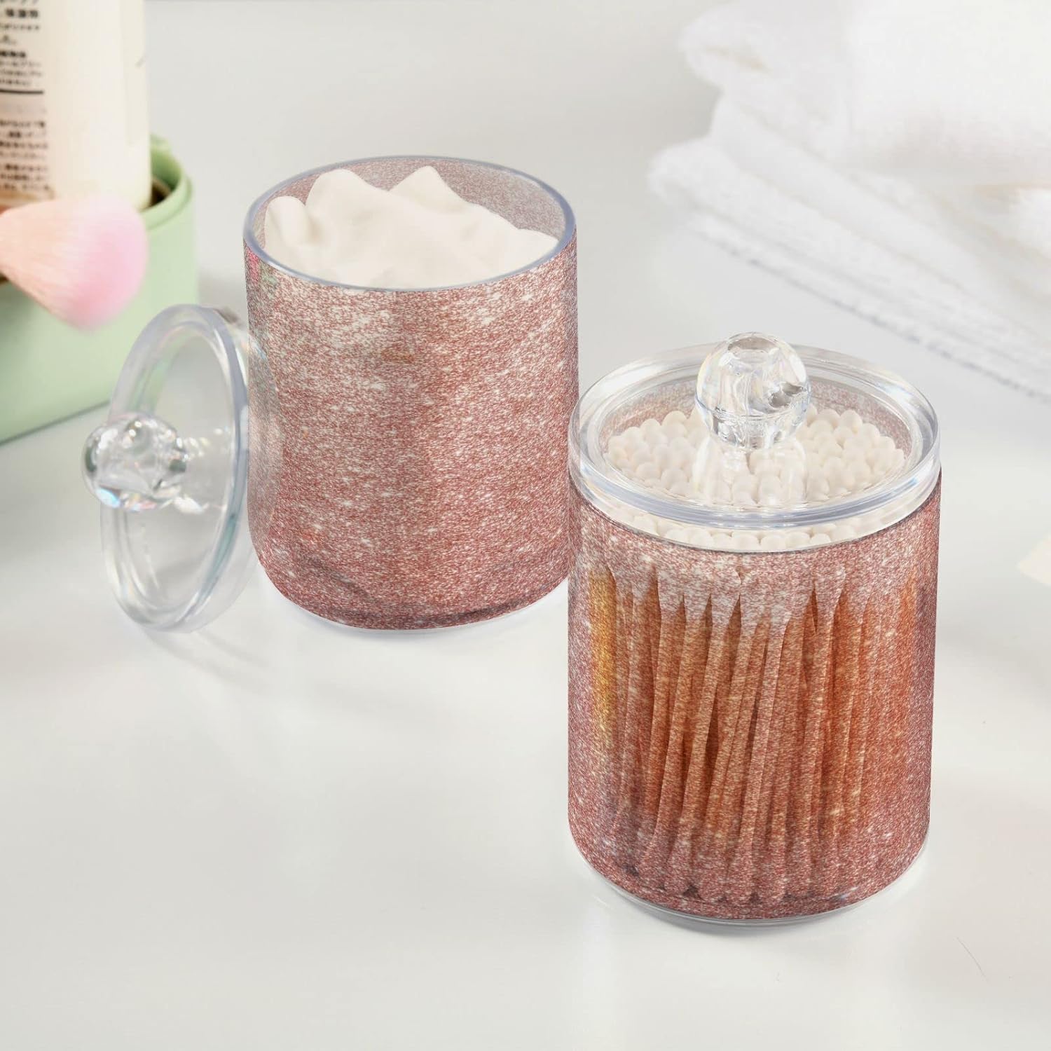 Dispensador de soporte Qtip de oro rosa brillante con tapas, 2 unidades, juego organizador de almacenamiento de baño de 14 onzas, tarros de