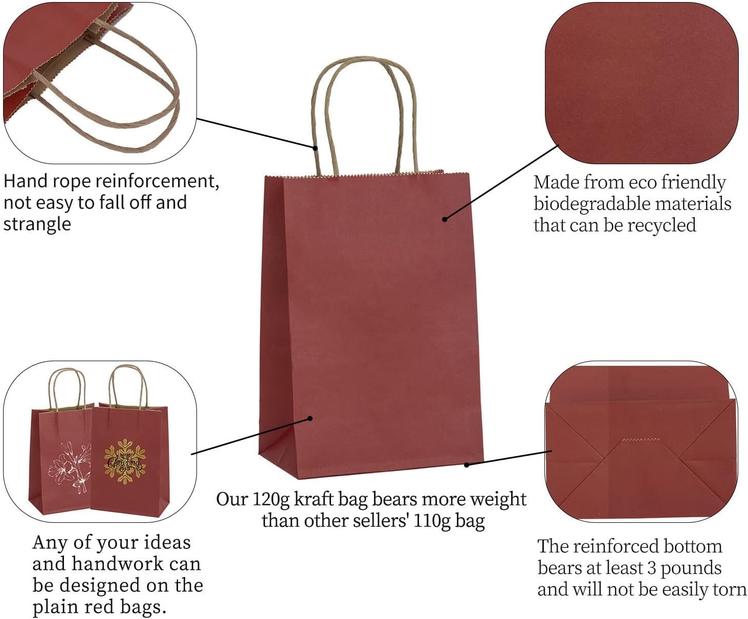 Ronvir 100 bolsas de regalo pequeñas de 5.25 x 3.75 x 8 pulgadas, bolsas de papel rojas con asas, bolsas de regalo a granel para recuerdos de