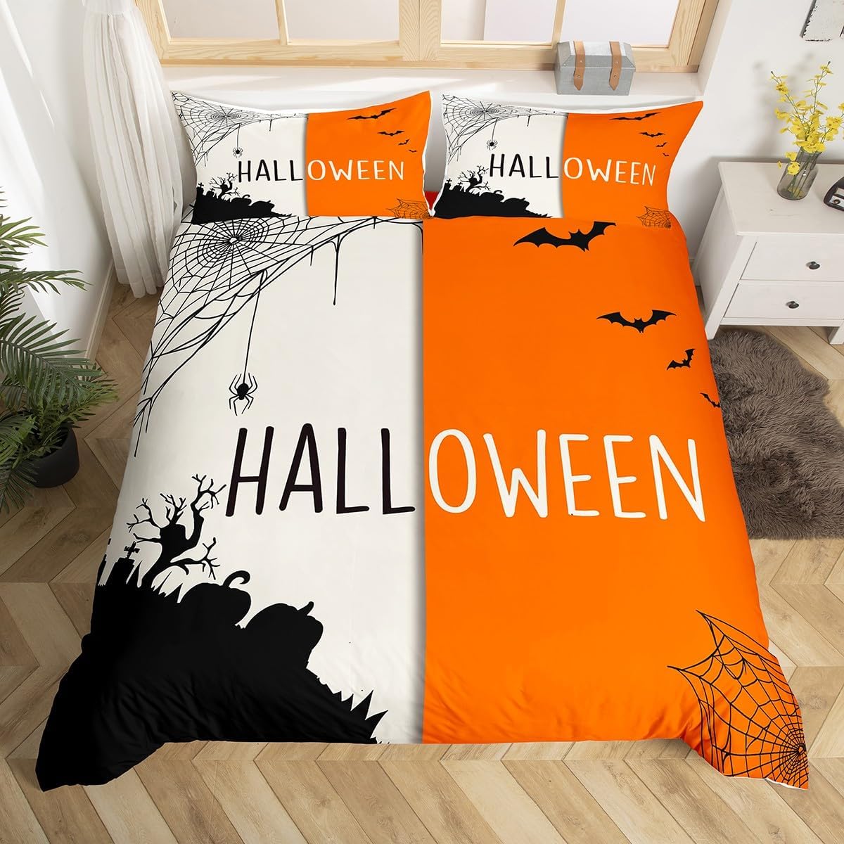 Feelyou Juego de ropa de cama de Halloween para niños y niñas, juego de funda de edredón vintage de Halloween, tamaño Queen, funda de edredón de
