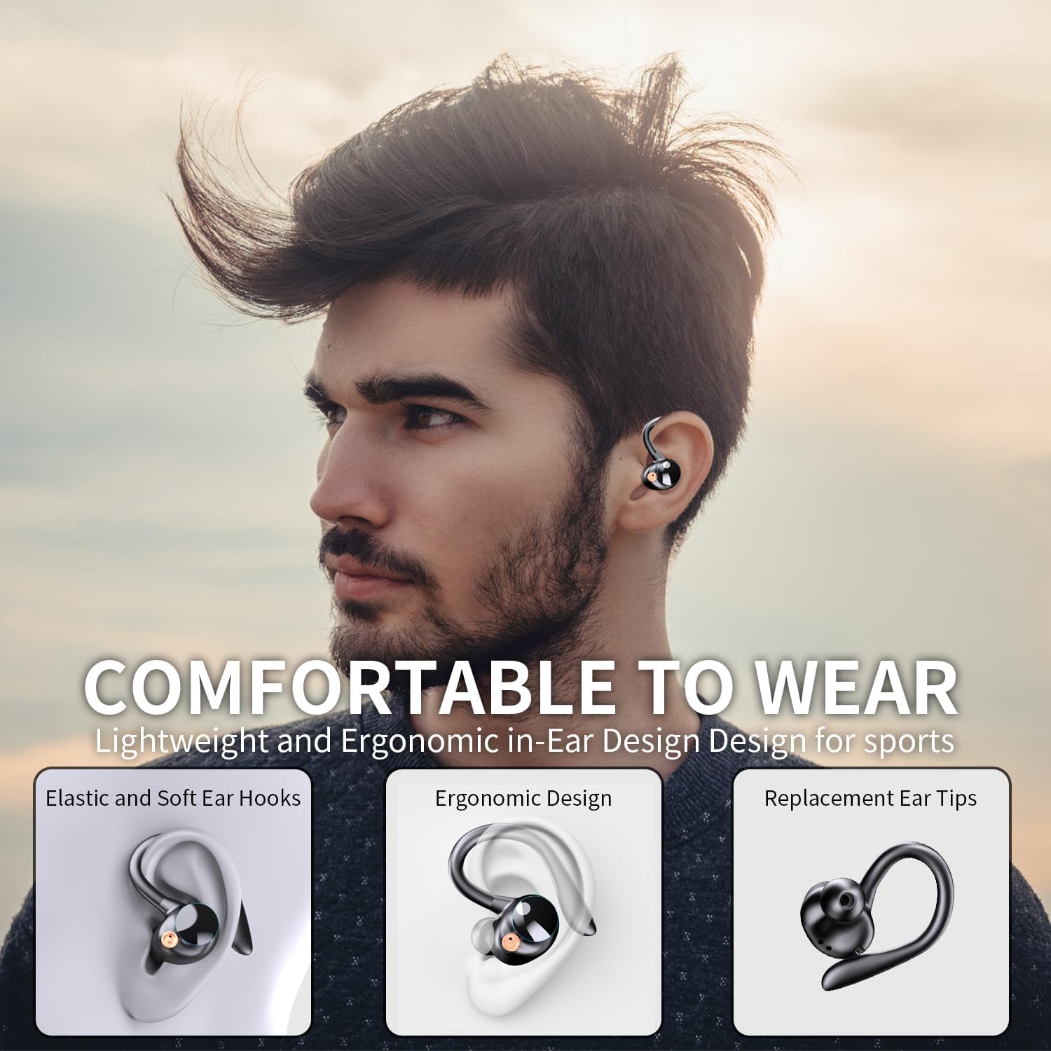 Auriculares inalámbricos Bluetooth 5.3 deportivos Bluetooth 5.3 con 120 horas de reproducción, pantalla de batería LED dual con gancho para la oreja