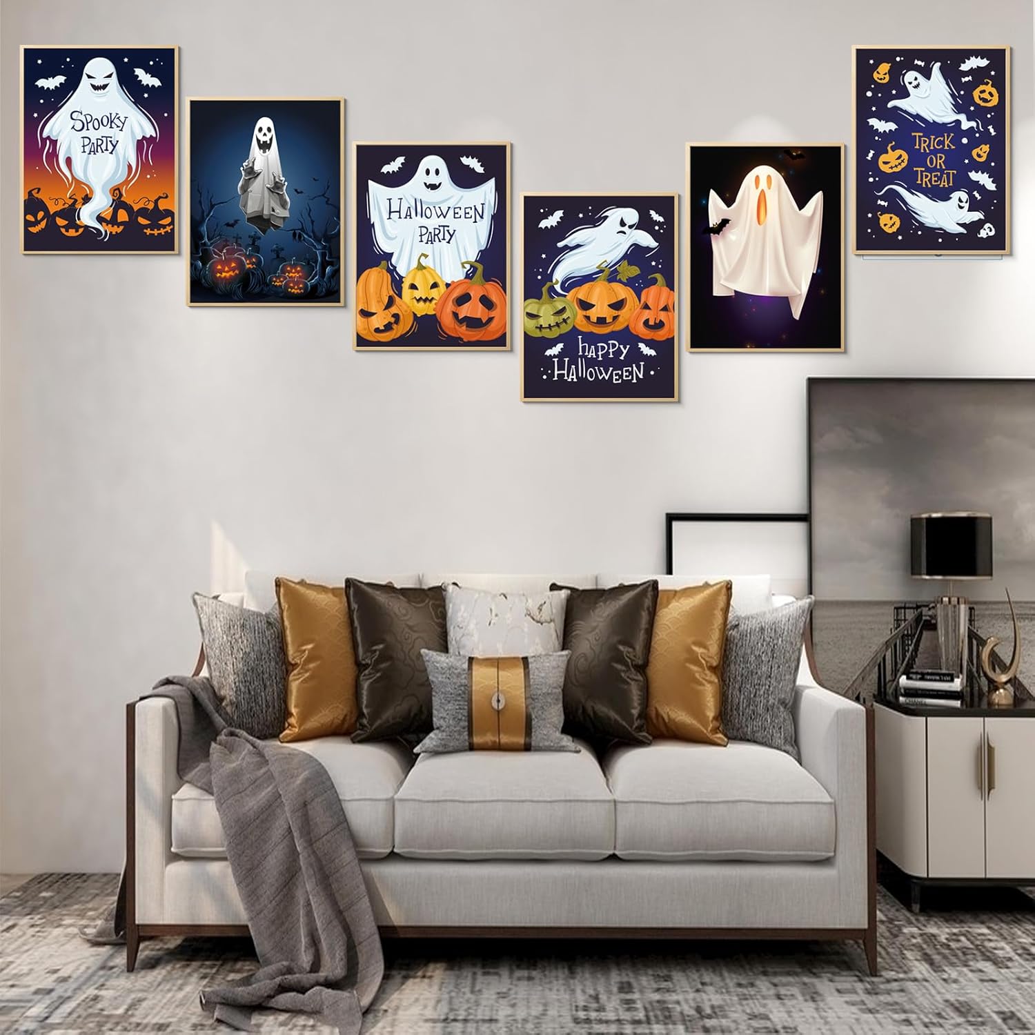 CEKEIOLMLW Póster de fantasma, arte de pared de Halloween, divertido y espeluznante estampado de calabaza iluminada, decoración de pared de
