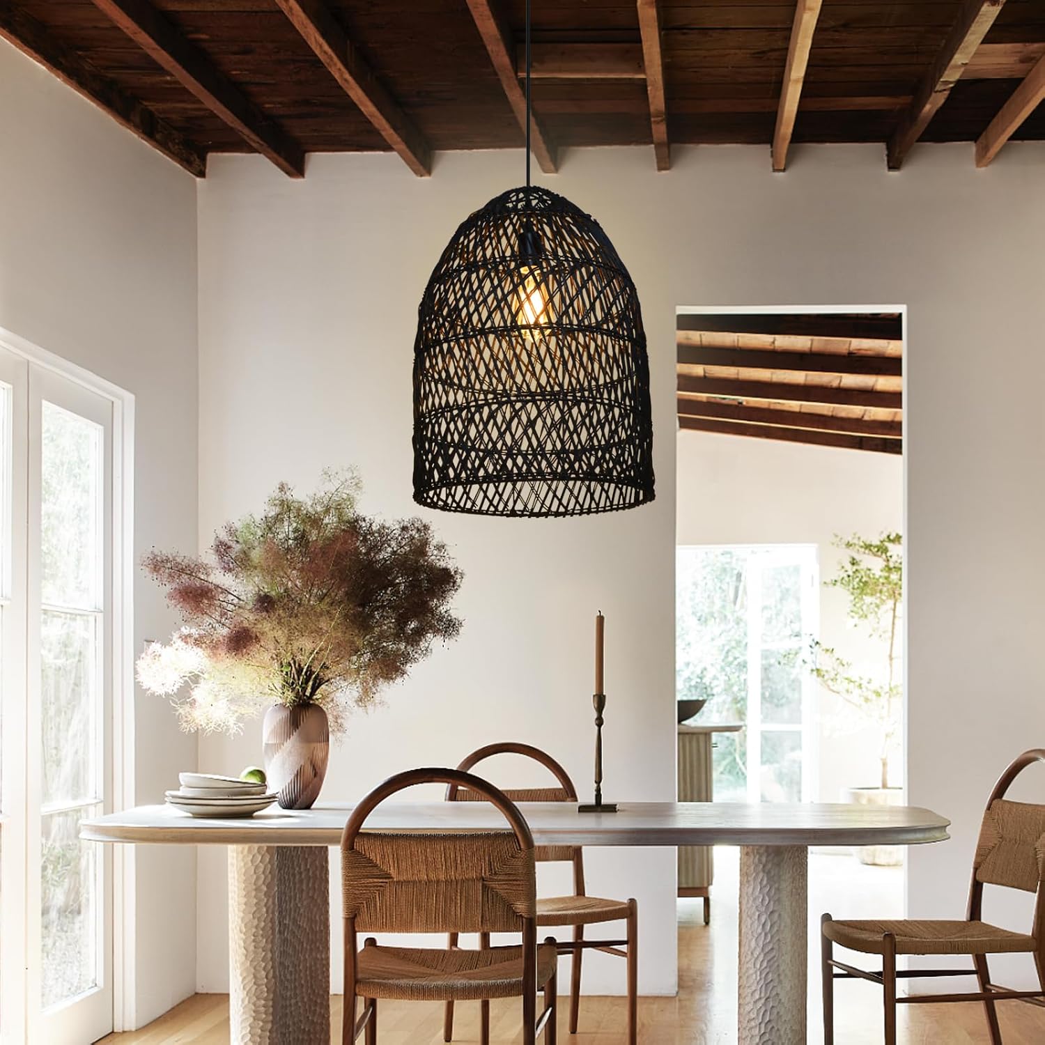 Arturesthome Lámpara colgante de cesta de ratán rústico, lámpara de araña de mimbre bohemio, pantalla de artesanía costera hecha a mano, iluminación