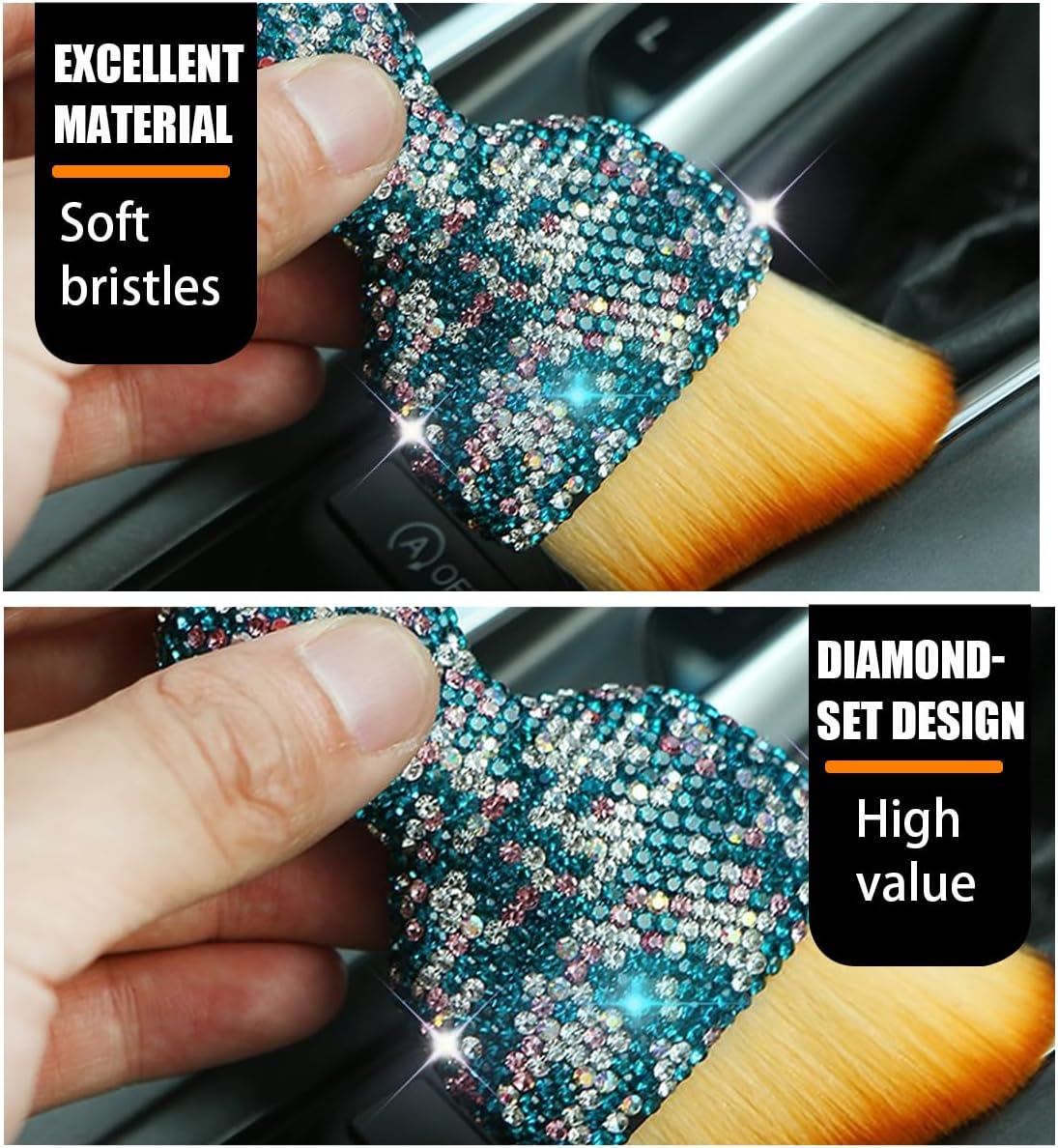 Cepillo de polvo para interior de automóvil, cepillo de limpieza para detalles de automóvil con diamante, mango brillante, herramienta de polvo de