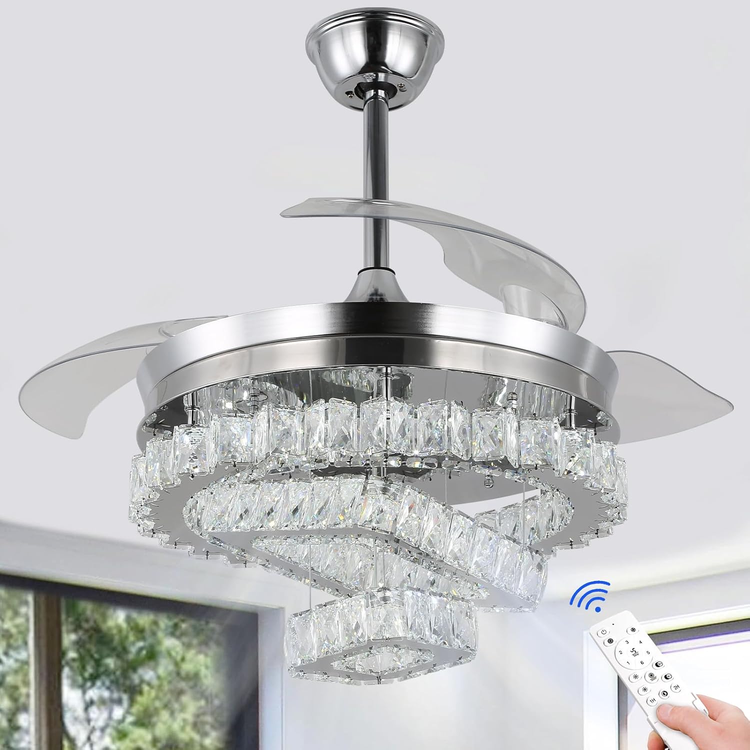 Jenvkoil Ventilador de techo de 42 pulgadas con luces con control remoto regulable de cristal para candelabro, aspas retráctiles, ventiladores de